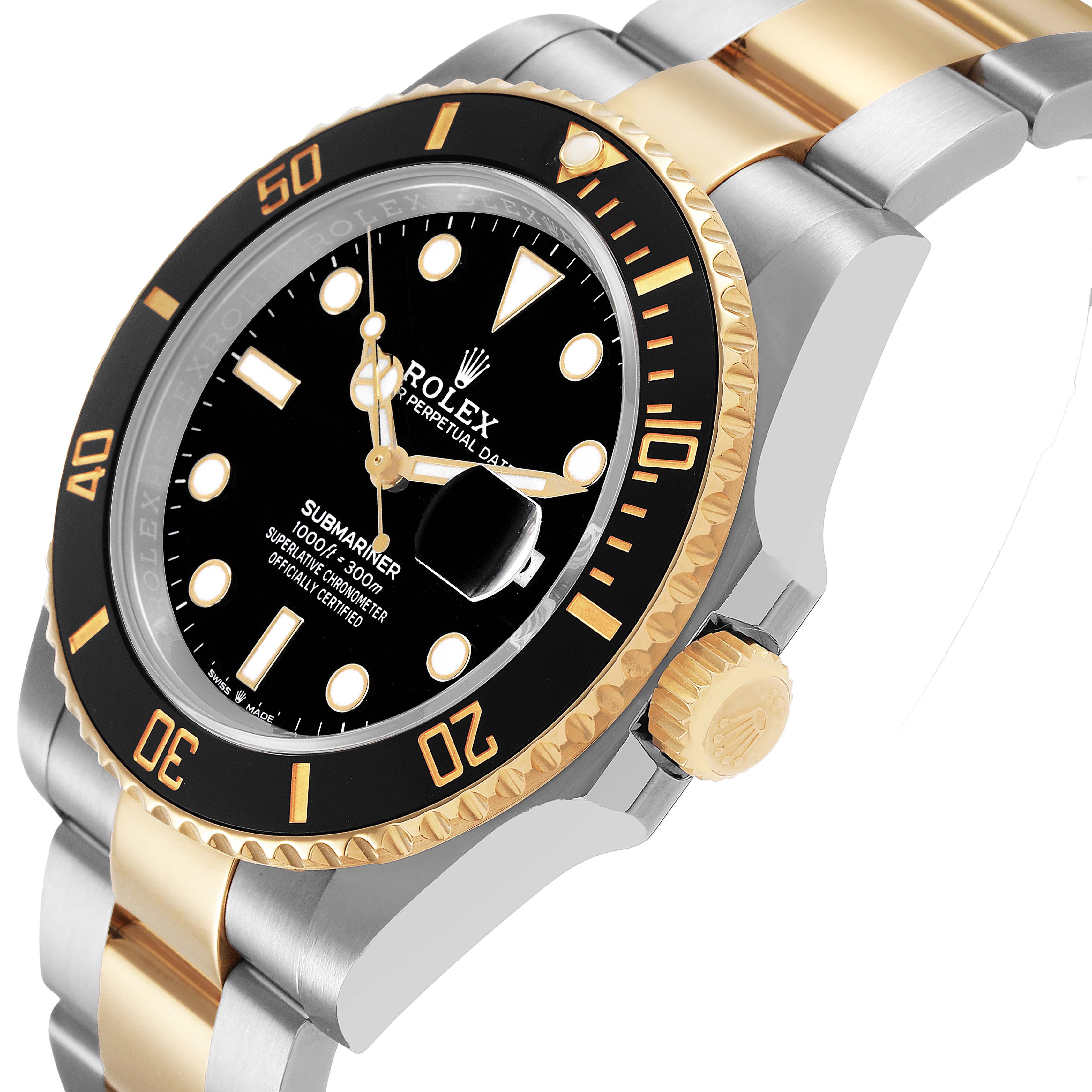 The Rolex Submariner 126613 Men's Steel and Gold (two tone) Black Dial is shown at an angled side view, highlighting the bezel, crown, dial, and part of the bracelet.