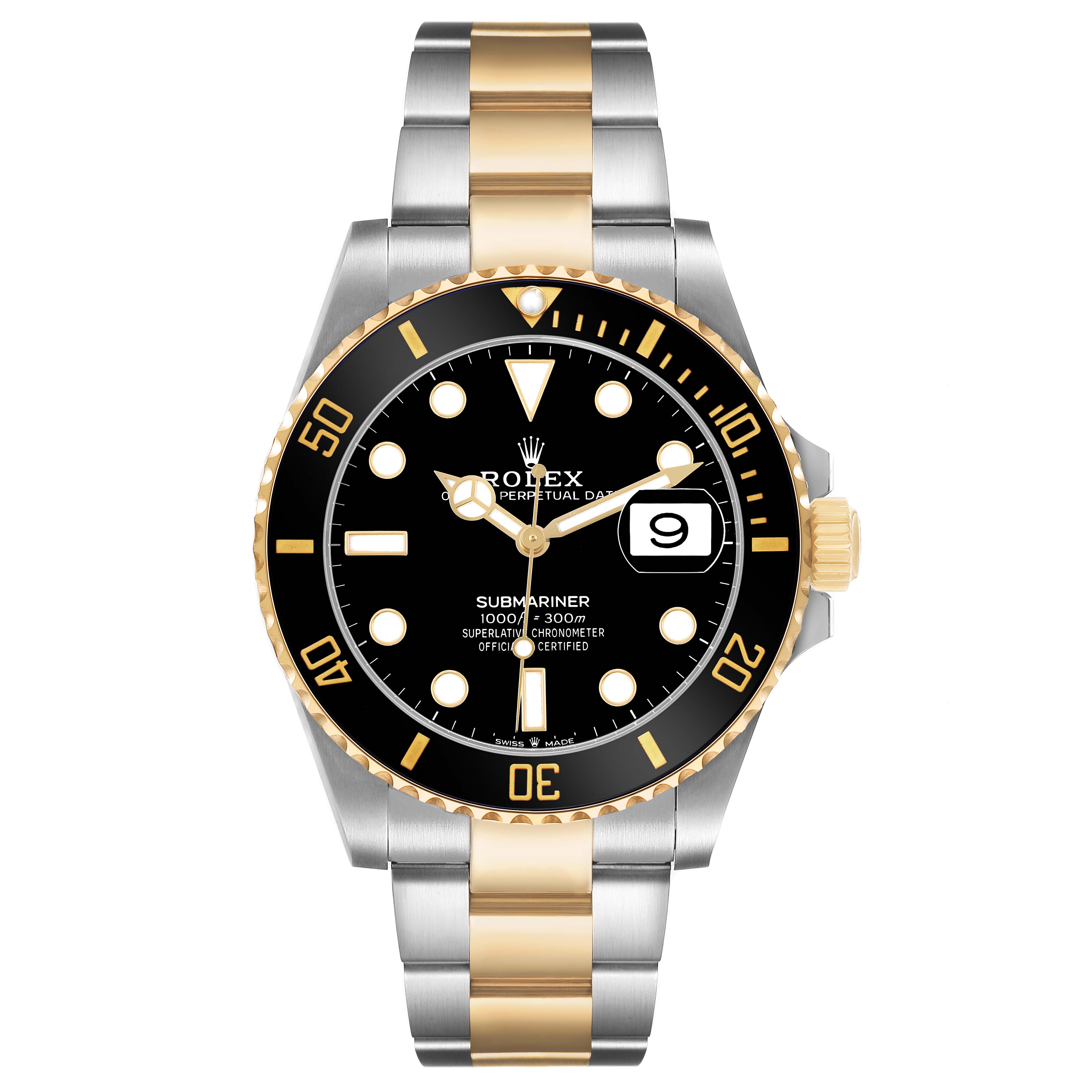 This image shows a front view of the Rolex Submariner 126613 Men's Steel and Gold (two tone) Black Dial, highlighting its dial, bezel, and two-tone bracelet.