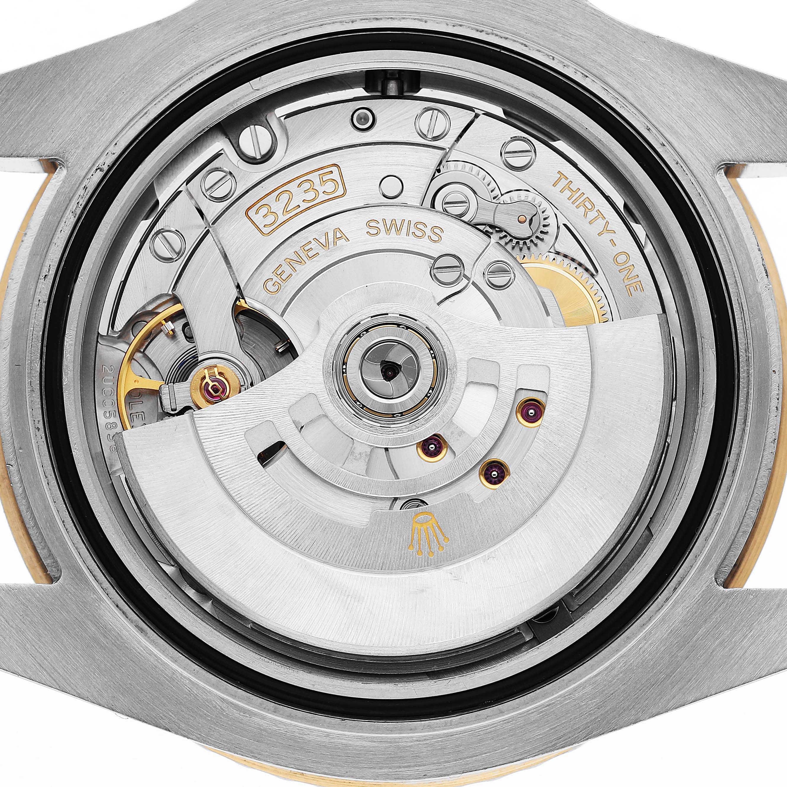 The image shows the back view of a Rolex Submariner 126613 Men's Steel and Gold (two tone) Black Dial, featuring its internal movement mechanism.