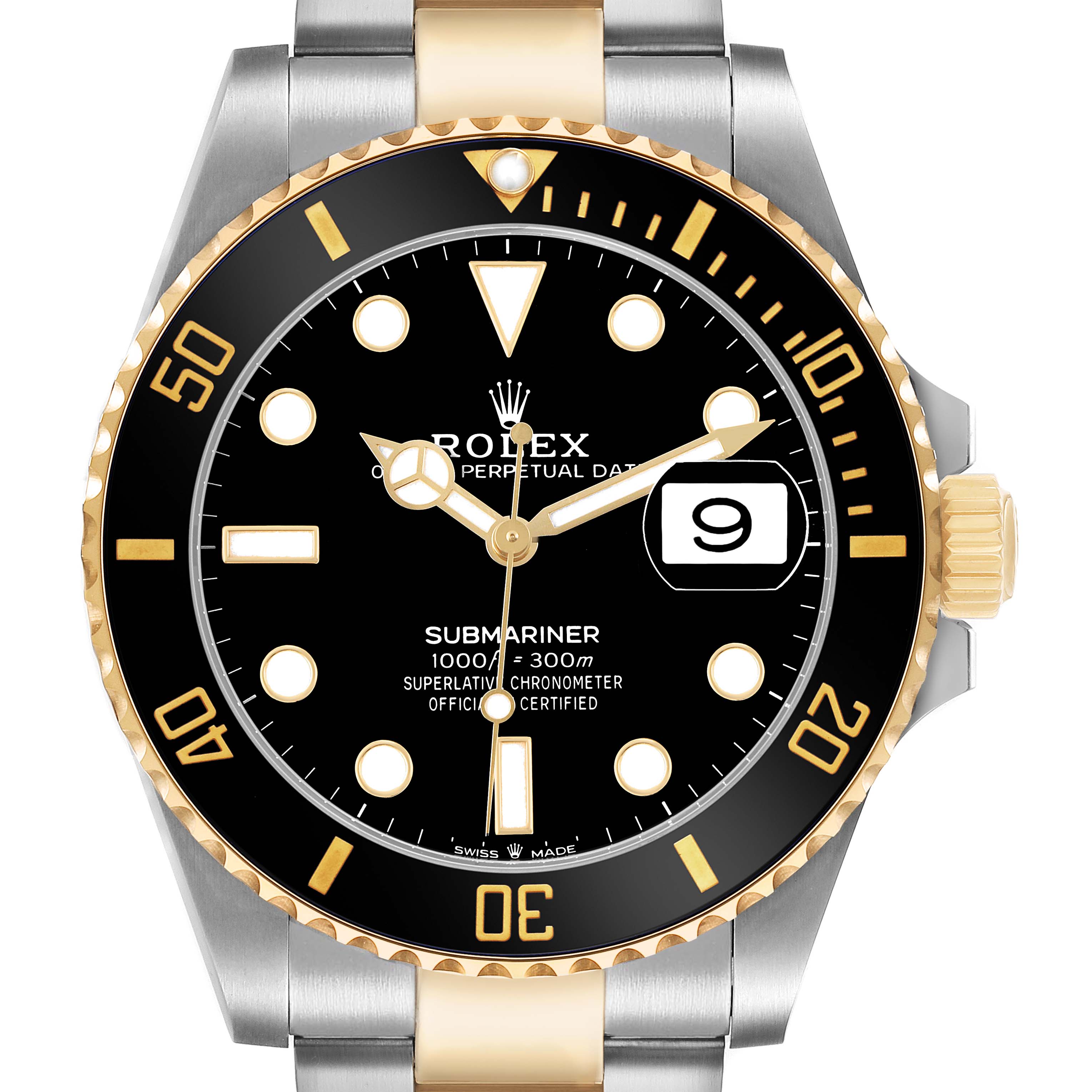 The Rolex Submariner 126613 Men's Steel and Gold (two tone) Black Dial watch is shown from the front, displaying its bezel, dial, hands, markers, date, and bracelet.