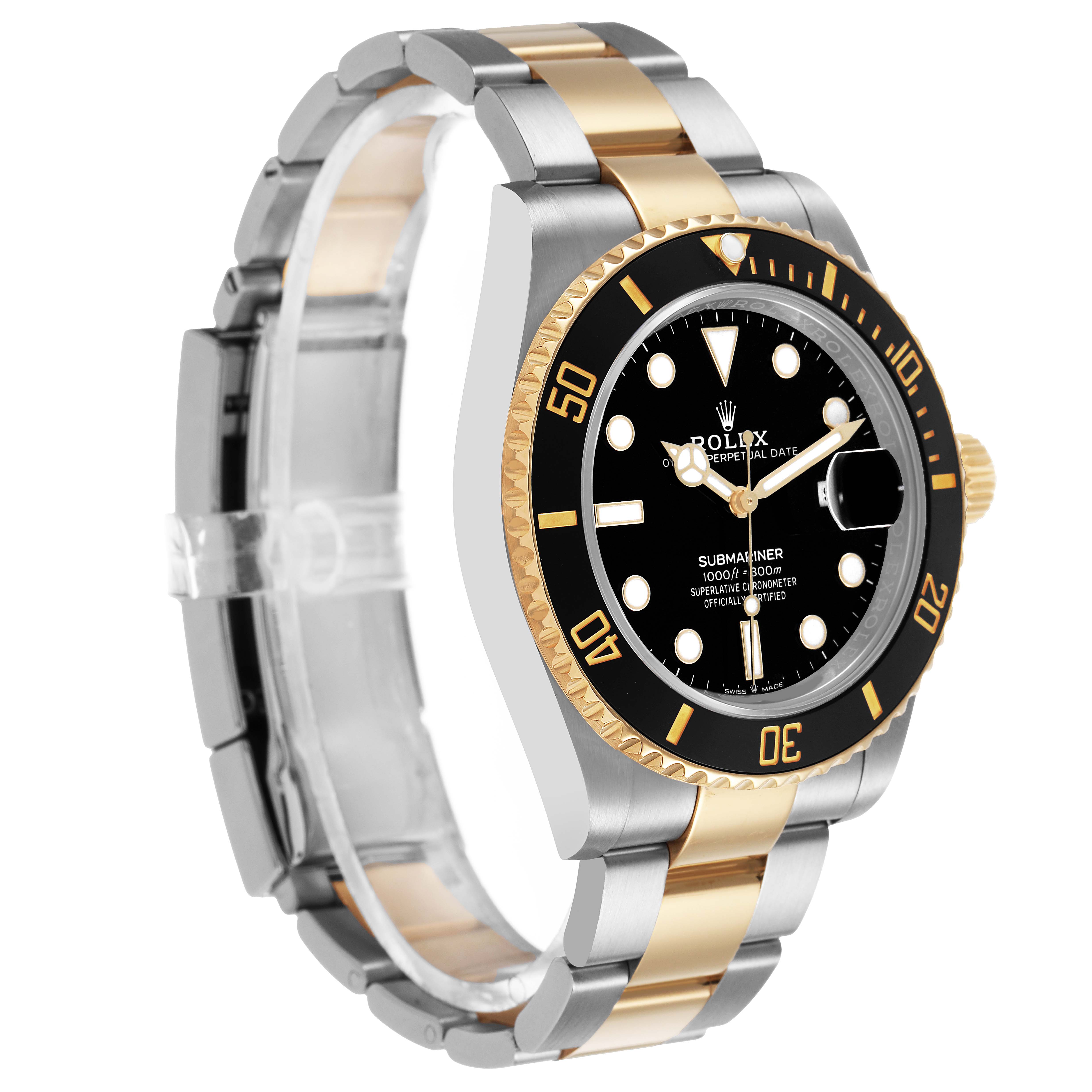 The Rolex Submariner 126613 Men's Steel and Gold (two tone) Black Dial is shown at an angled side view, highlighting the bezel, dial, and two-tone band.