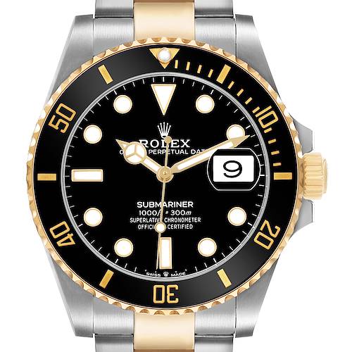 The image shows a frontal view of a Rolex Submariner 126613 Men's Steel and Gold (two tone) Black Dial, highlighting the dial, hands, bezel, and date window.