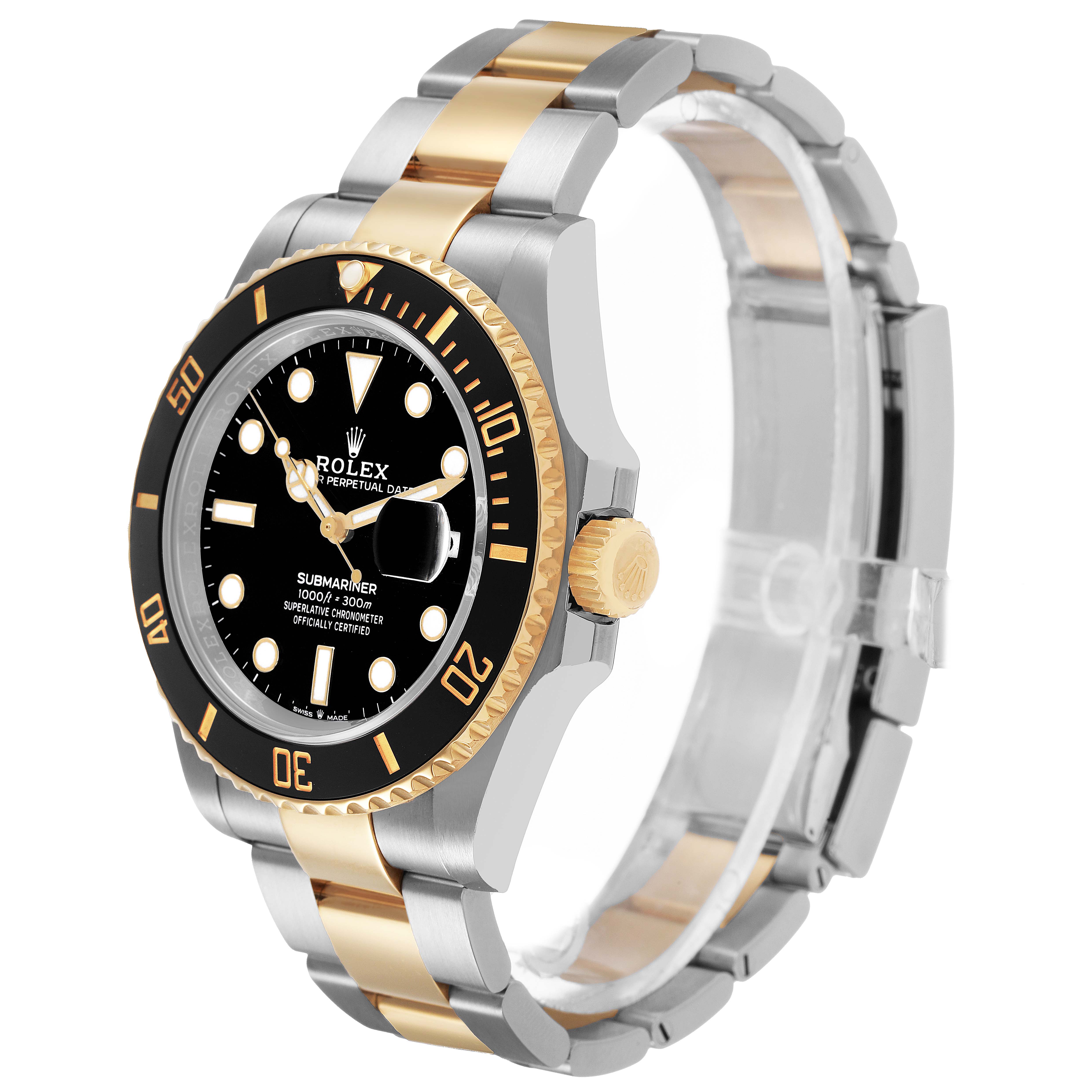 The Rolex Submariner 126613 Men's Steel and Gold (two tone) Black Dial watch is shown at a three-quarter angle, highlighting the bezel, dial, and bracelet.