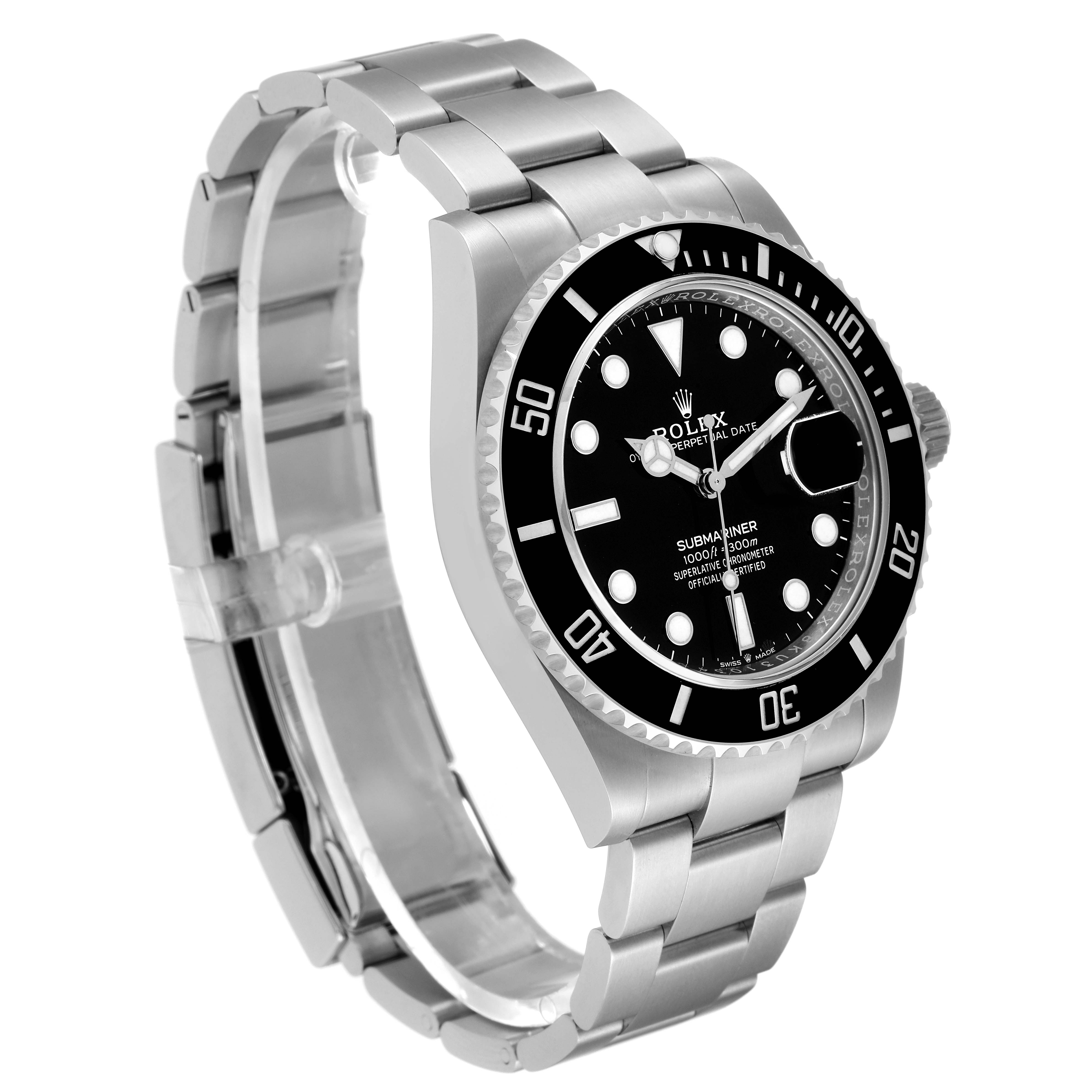 The image shows a Rolex Submariner 126610 Men
s Stainless Steel Black Dial 126610 Men
s Stainless Steel Black Dial watch at a three-quarter angle, highlighting its bezel, dial, and bracelet.