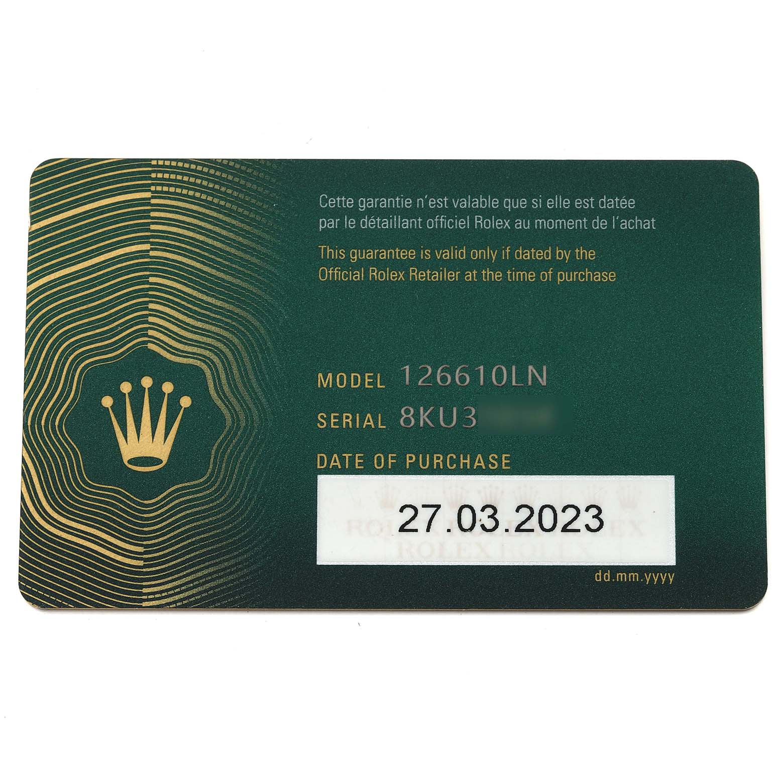 The image shows a warranty card for a Rolex Submariner 126610 Men
s Stainless Steel Black Dial 126610 Men
s Stainless Steel Black Dial model 126610LN.