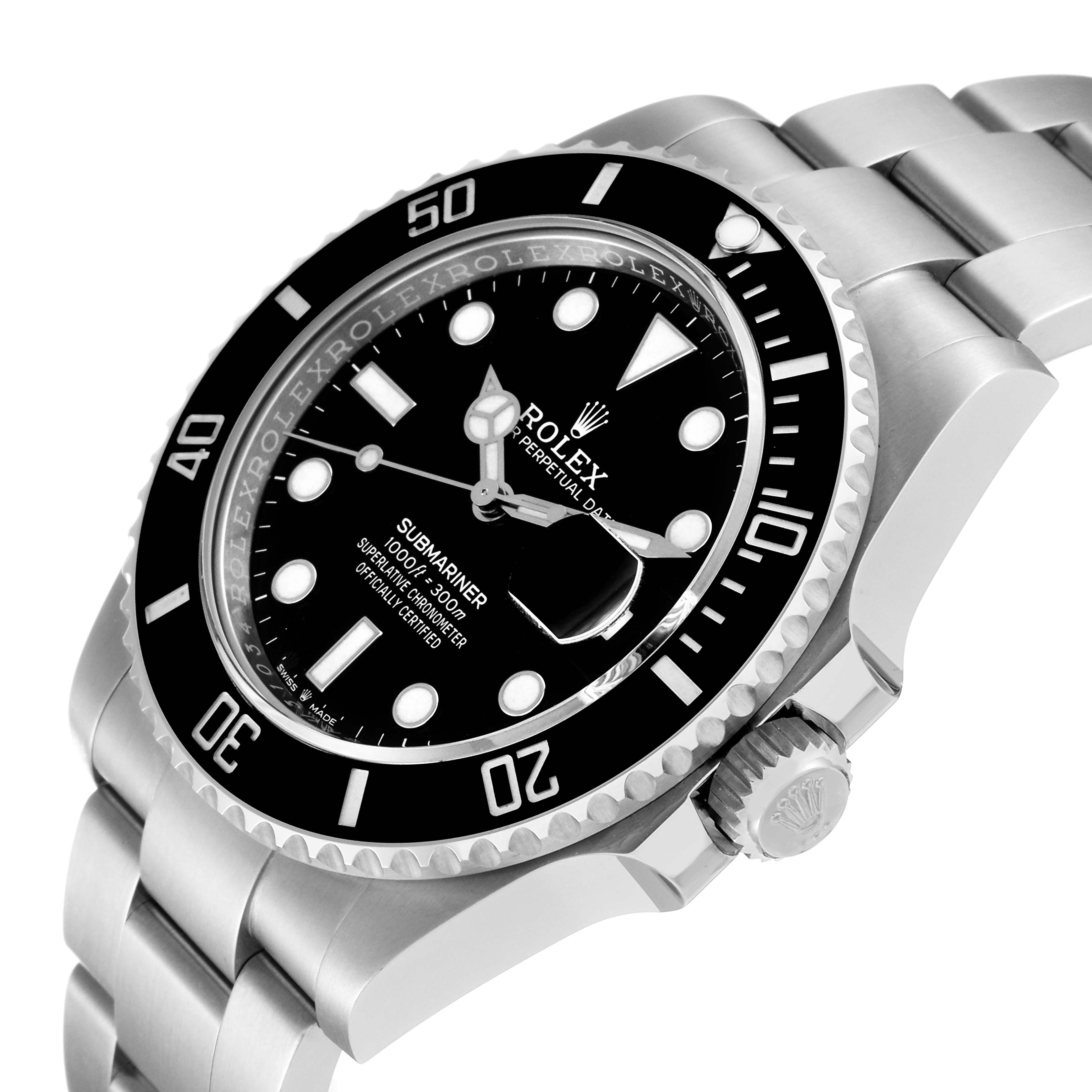 This image shows a close-up, angled view of a Rolex Submariner 126610 Men
s Stainless Steel Black Dial 126610 Men
s Stainless Steel Black Dial watch focusing on the bezel, dial, and bracelet.