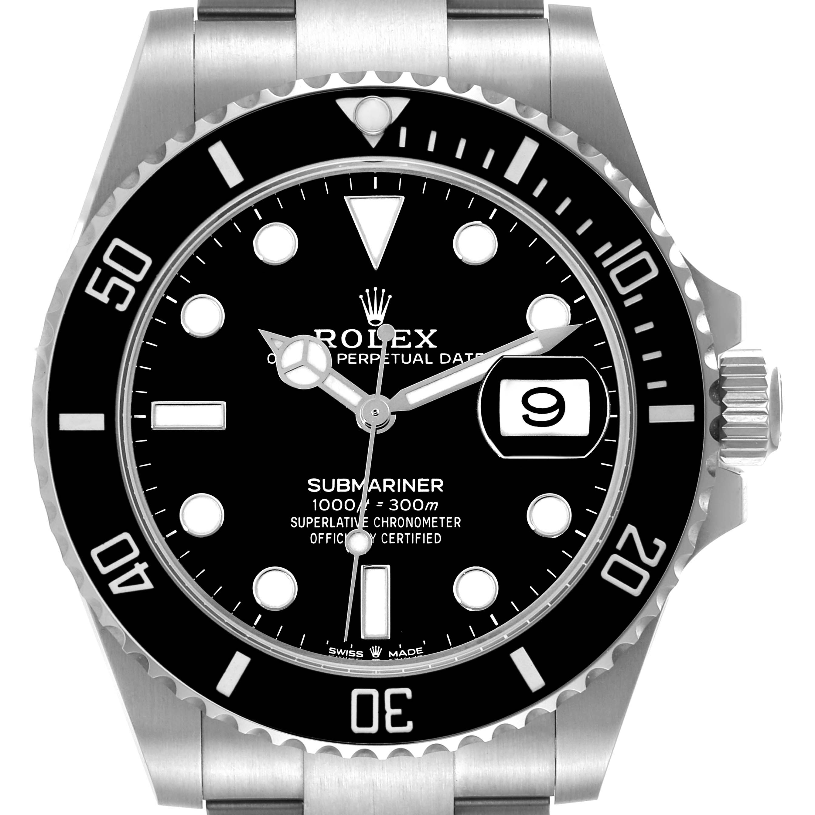 This image shows a frontal view of the Rolex Submariner 126610 Men
s Stainless Steel Black Dial 126610 Men
s Stainless Steel Black Dial watch, highlighting the black dial, bezel, hour markers, and date window.