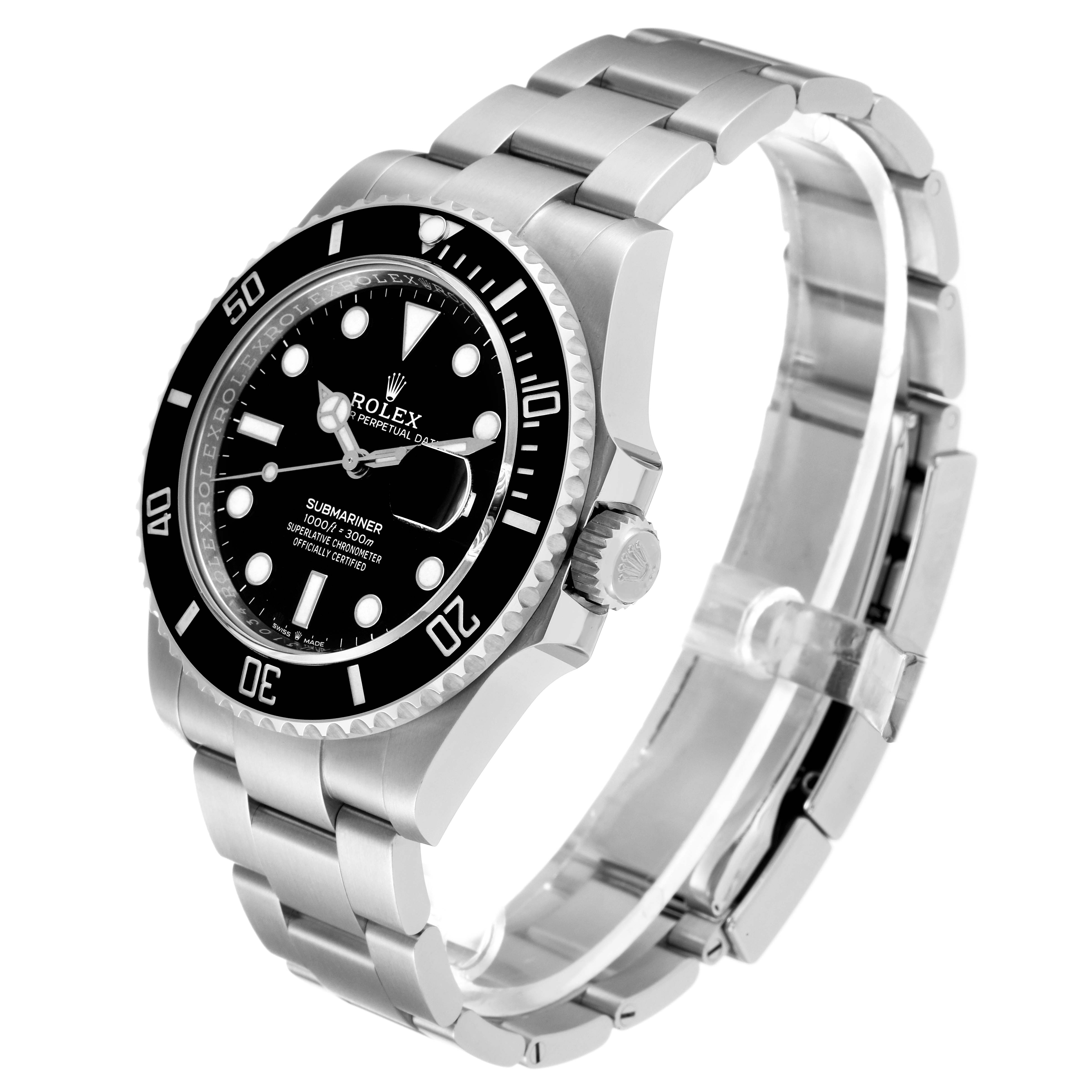 This image displays a Rolex Submariner 126610 Men
s Stainless Steel Black Dial 126610 Men
s Stainless Steel Black Dial watch at an angled side view, showing its face, bezel, crown, and bracelet.