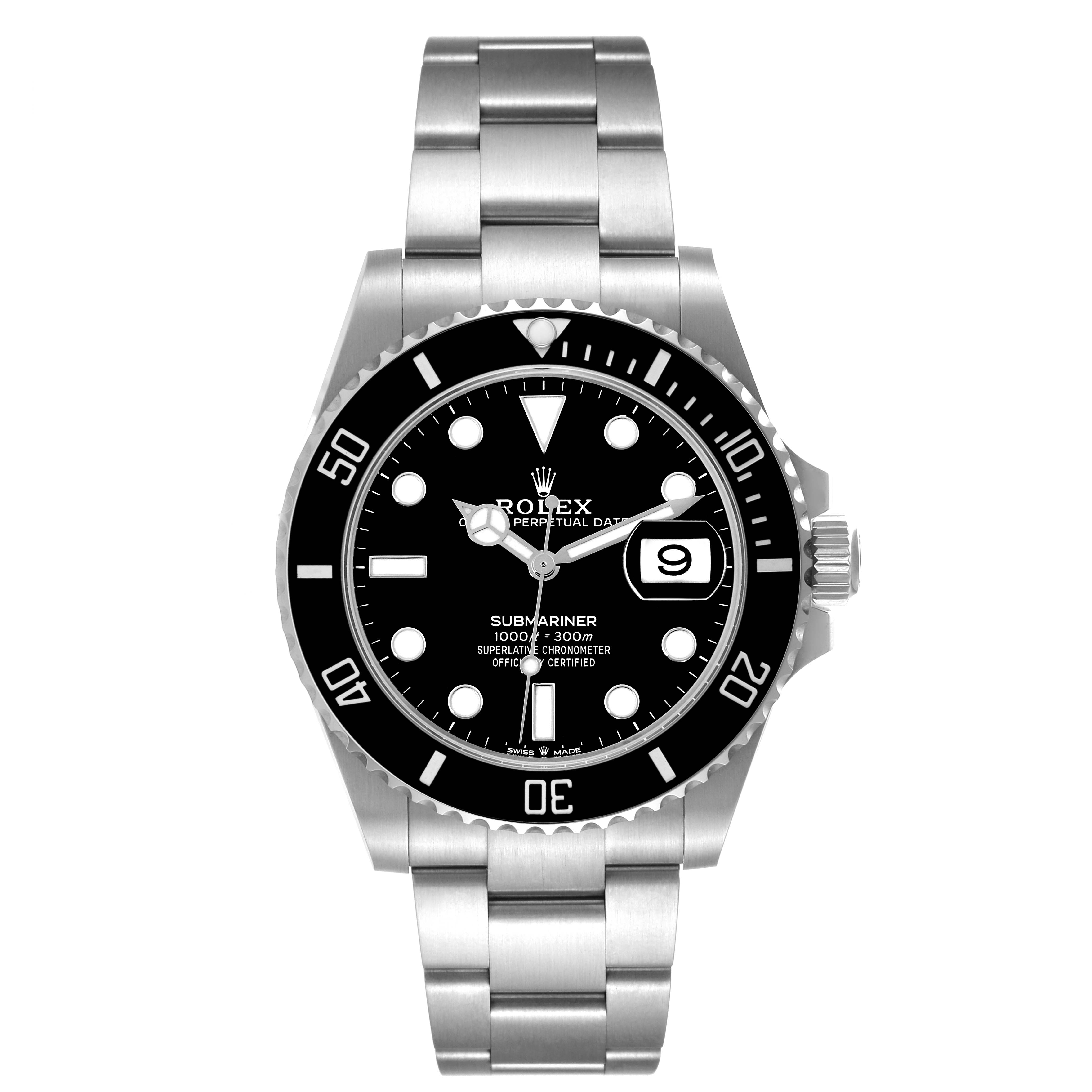This image shows a front view of the Rolex Submariner 126610 Men
s Stainless Steel Black Dial 126610 Men
s Stainless Steel Black Dial watch, displaying its dial, bezel, and bracelet.