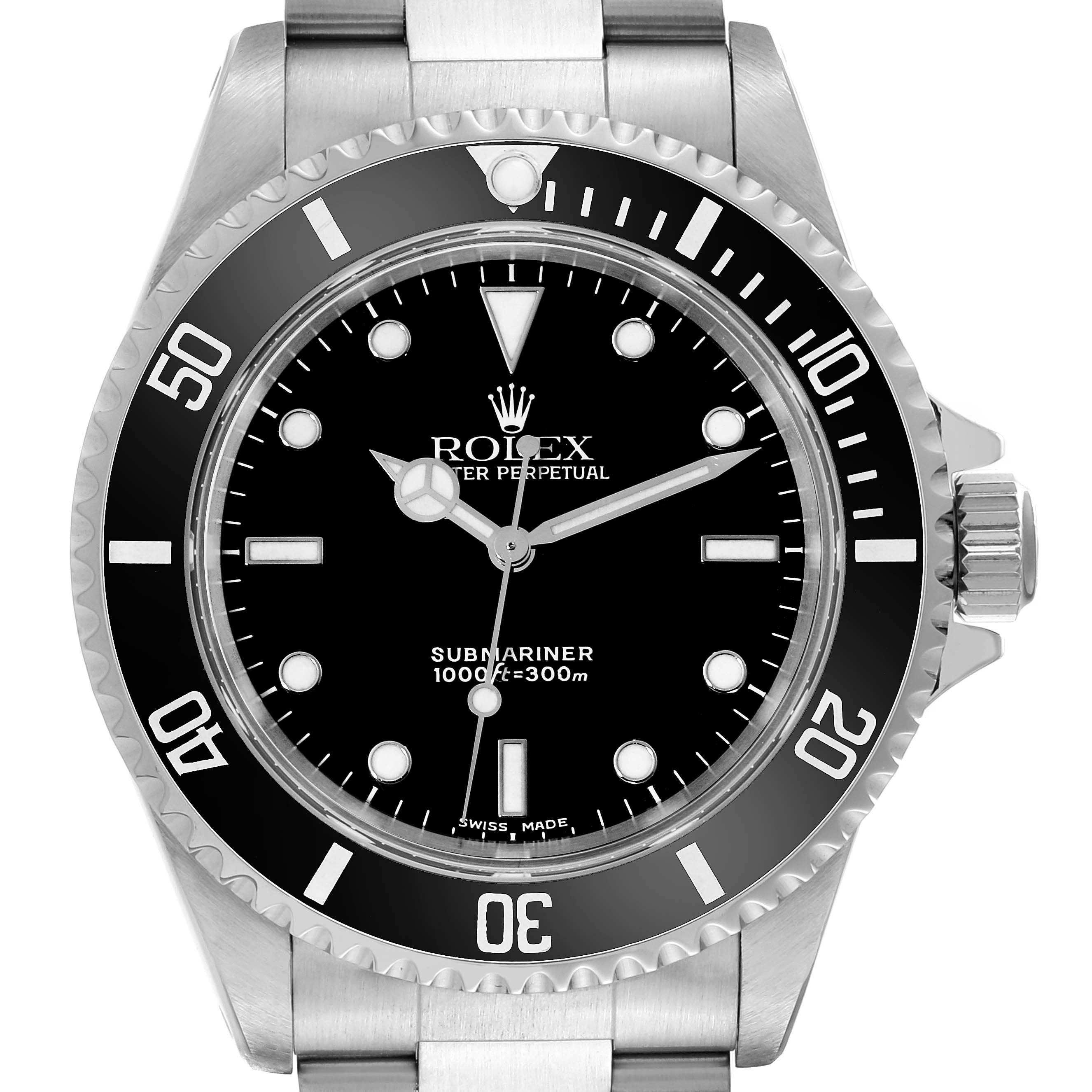 This image shows a front view of a Rolex Submariner 14060 Men
s Stainless Steel Black Dial 14060 Men
s Stainless Steel Black Dial watch, featuring the dial, bezel, and part of the stainless steel bracelet.
