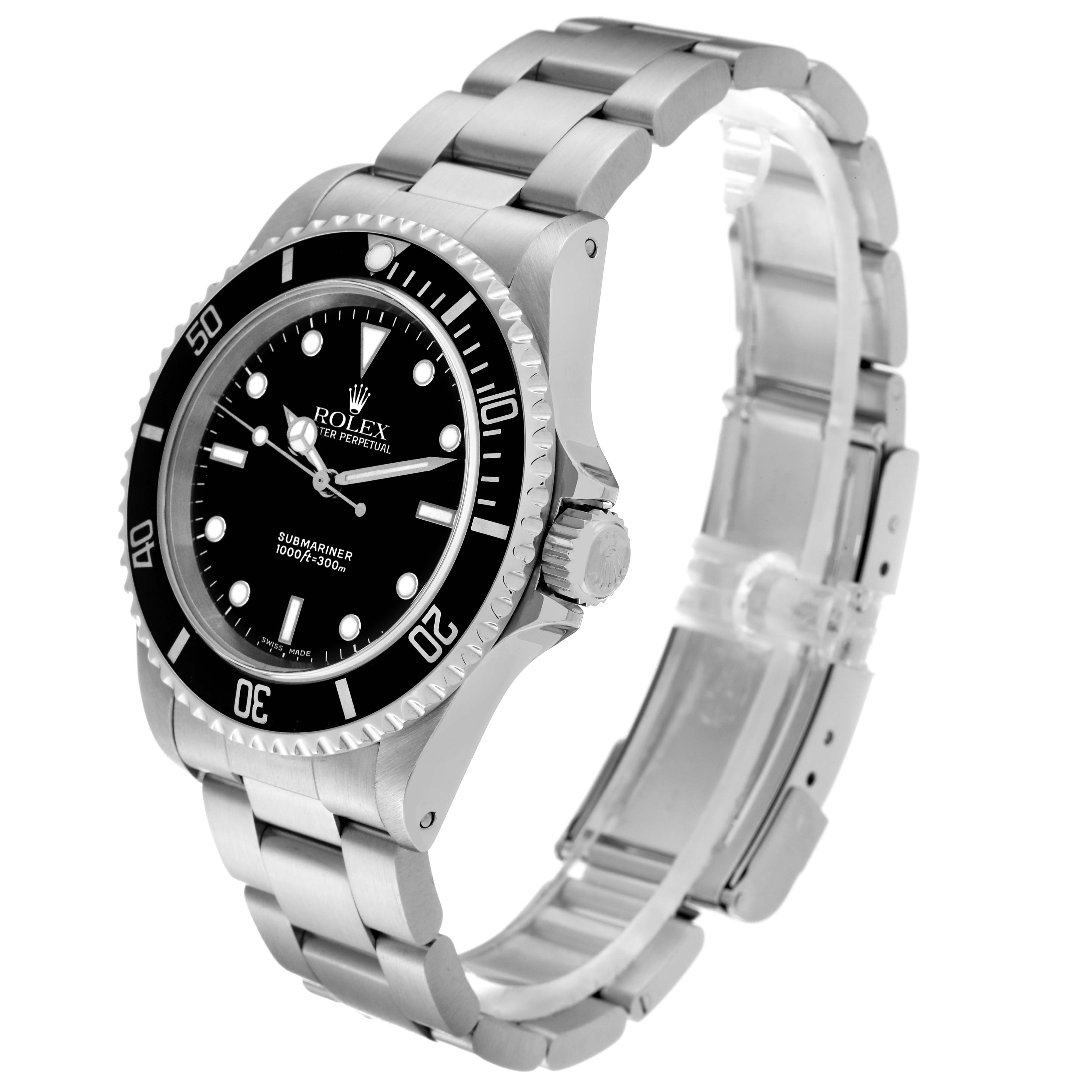 The image shows a side angle view of a Rolex Submariner 14060 Men
s Stainless Steel Black Dial 14060 Men
s Stainless Steel Black Dial watch, highlighting the dial, bezel, crown, and bracelet.