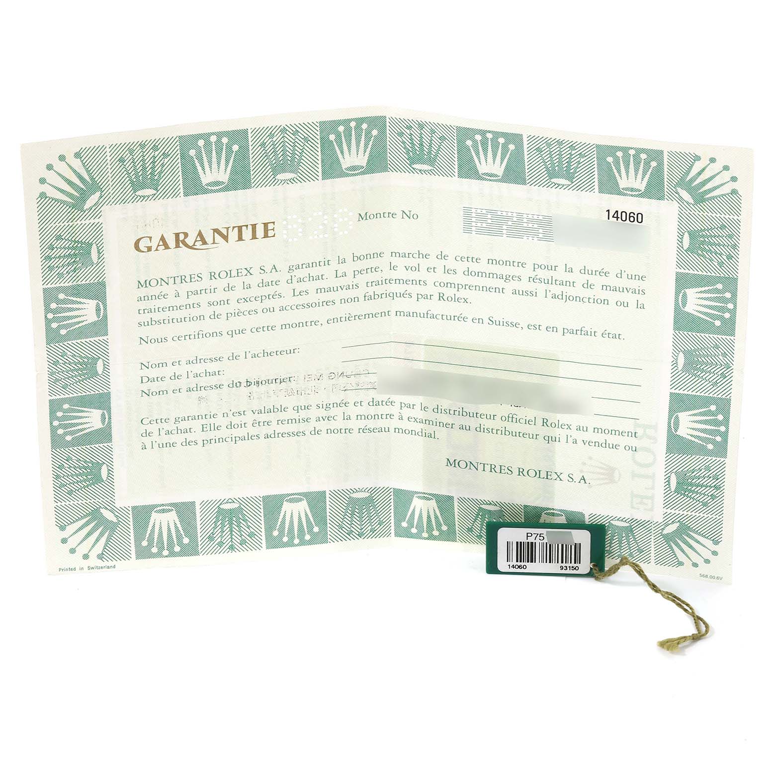 The image shows a warranty certificate and a tag for the Rolex Submariner 14060 Men
s Stainless Steel Black Dial 14060 Men
s Stainless Steel Black Dial watch.