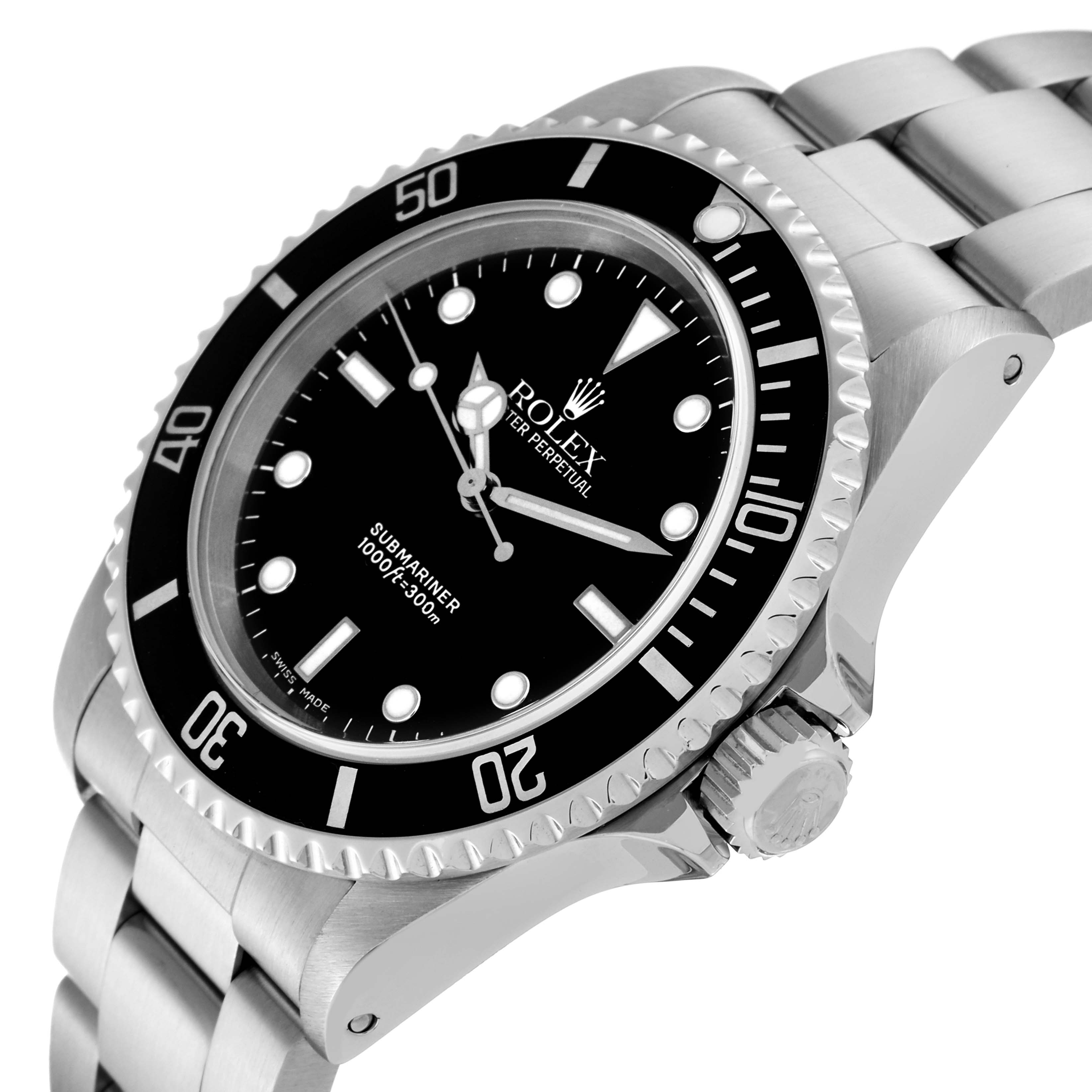The Rolex Submariner 14060 Men
s Stainless Steel Black Dial 14060 Men
s Stainless Steel Black Dial watch is shown at a slight angle, highlighting its black bezel, watch face, and stainless steel bracelet.