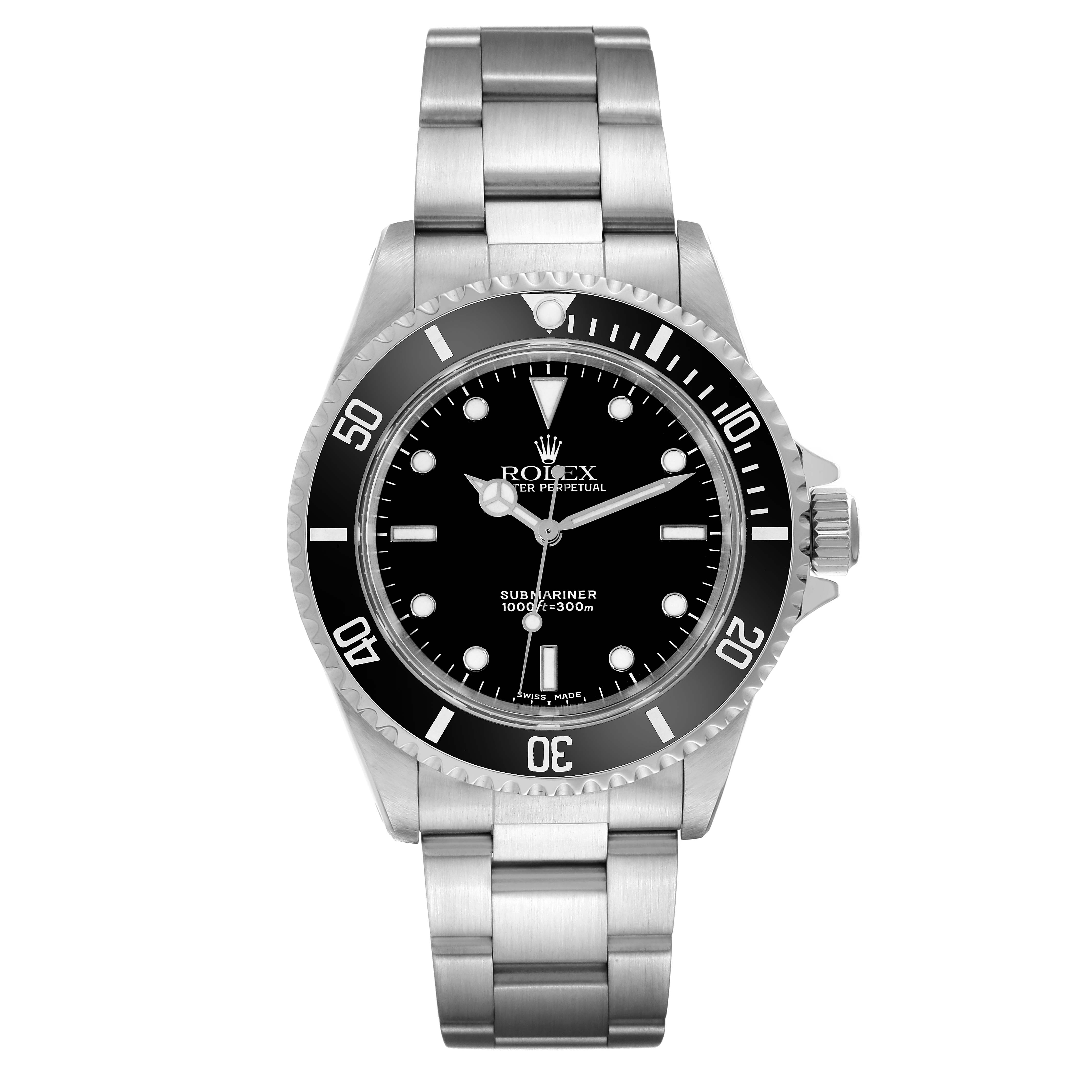 The image shows a frontal view of the Rolex Submariner 14060 Men
s Stainless Steel Black Dial 14060 Men
s Stainless Steel Black Dial watch, highlighting its dial, bezel, and bracelet.