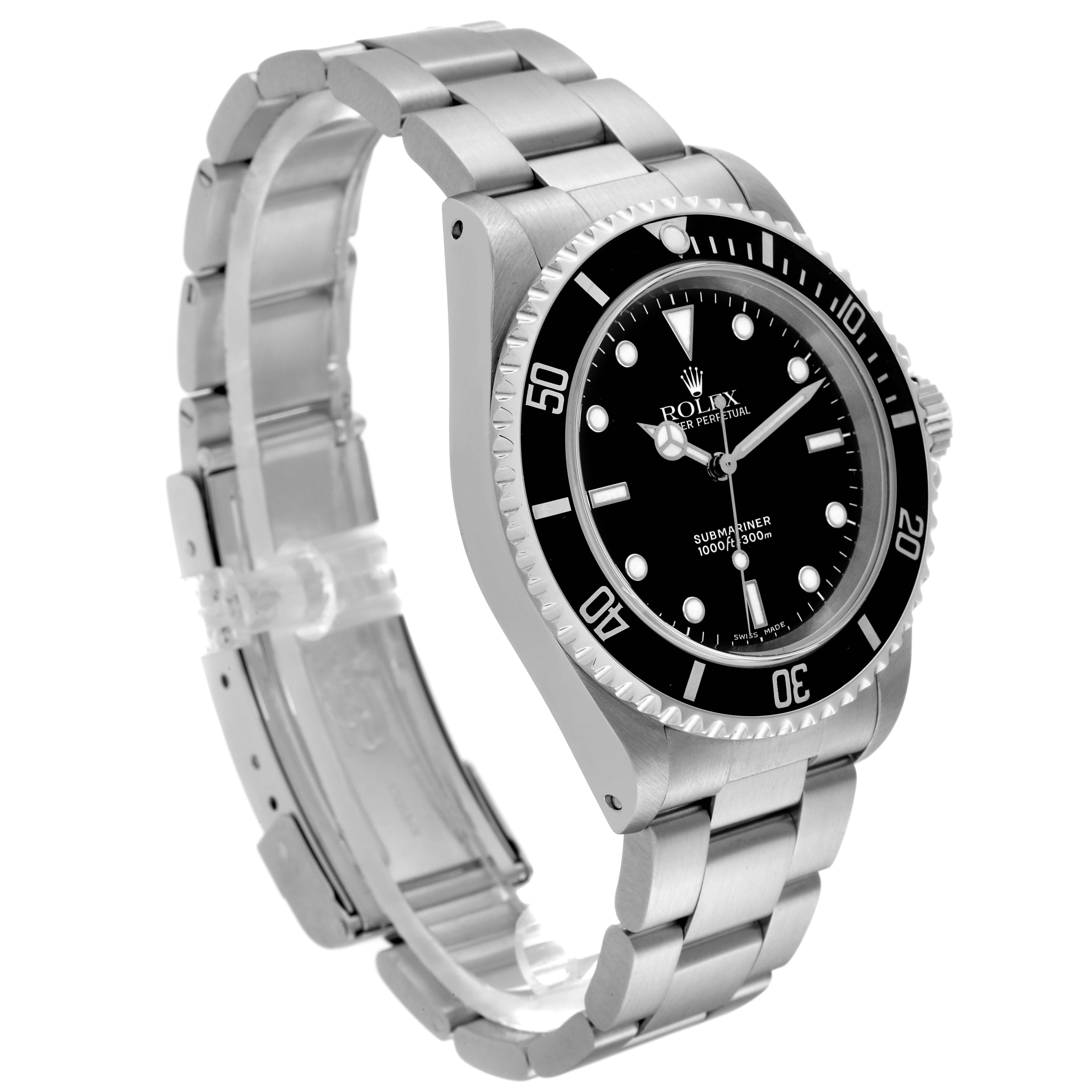 The image shows a Rolex Submariner 14060 Men
s Stainless Steel Black Dial 14060 Men
s Stainless Steel Black Dial watch at a three-quarter angle, highlighting the dial, bezel, and bracelet.