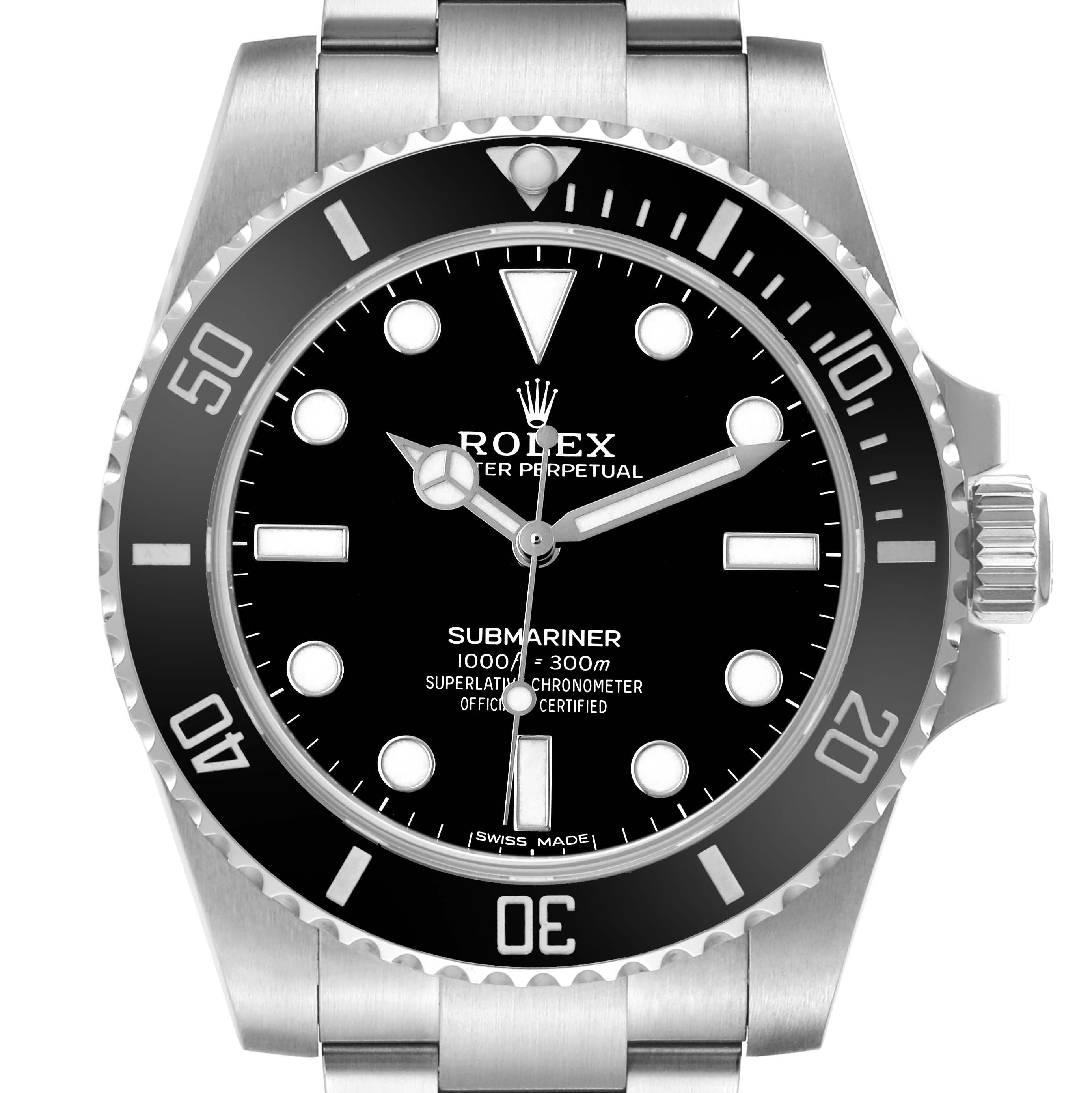 The Rolex Submariner 114060 Men's Stainless Steel Black Dial watch is shown from a front view, displaying the bezel, dial, and a portion of the bracelet.
