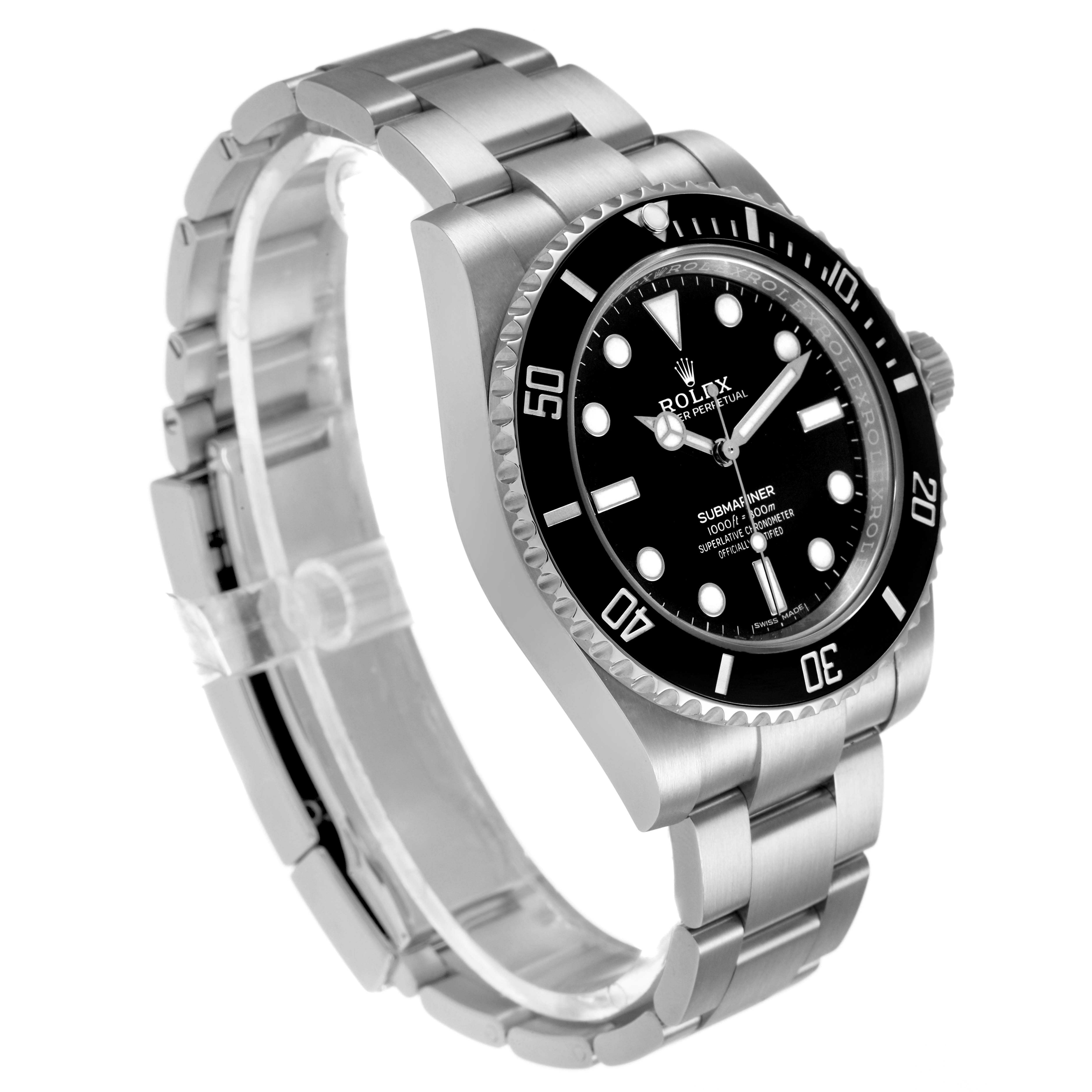 The Rolex Submariner 114060 Men's Stainless Steel Black Dial is shown at a three-quarter view highlighting the dial, bezel, and bracelet.