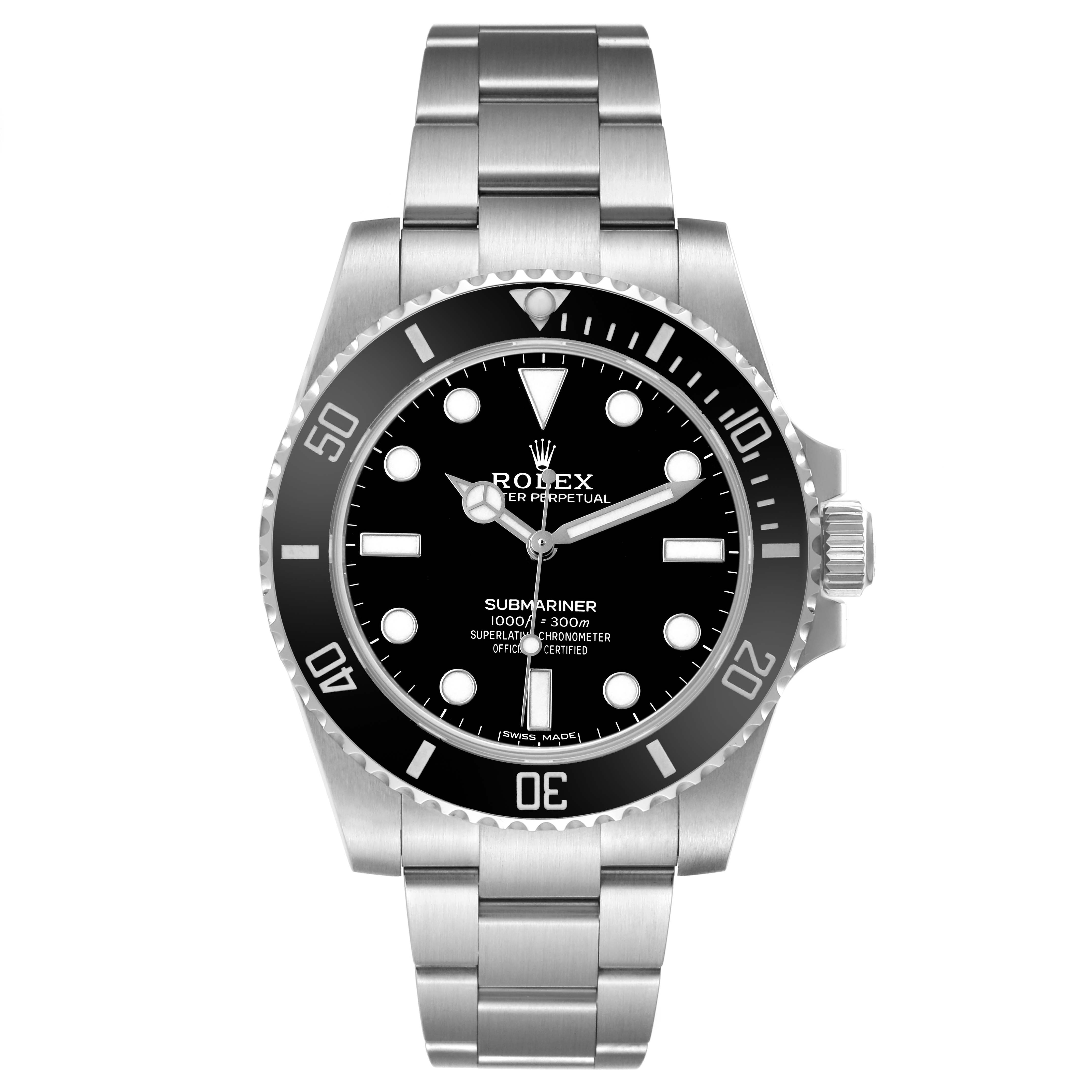 The Rolex Submariner 114060 Men's Stainless Steel Black Dial watch is shown from a front angle, displaying its bezel, dial, and bracelet.