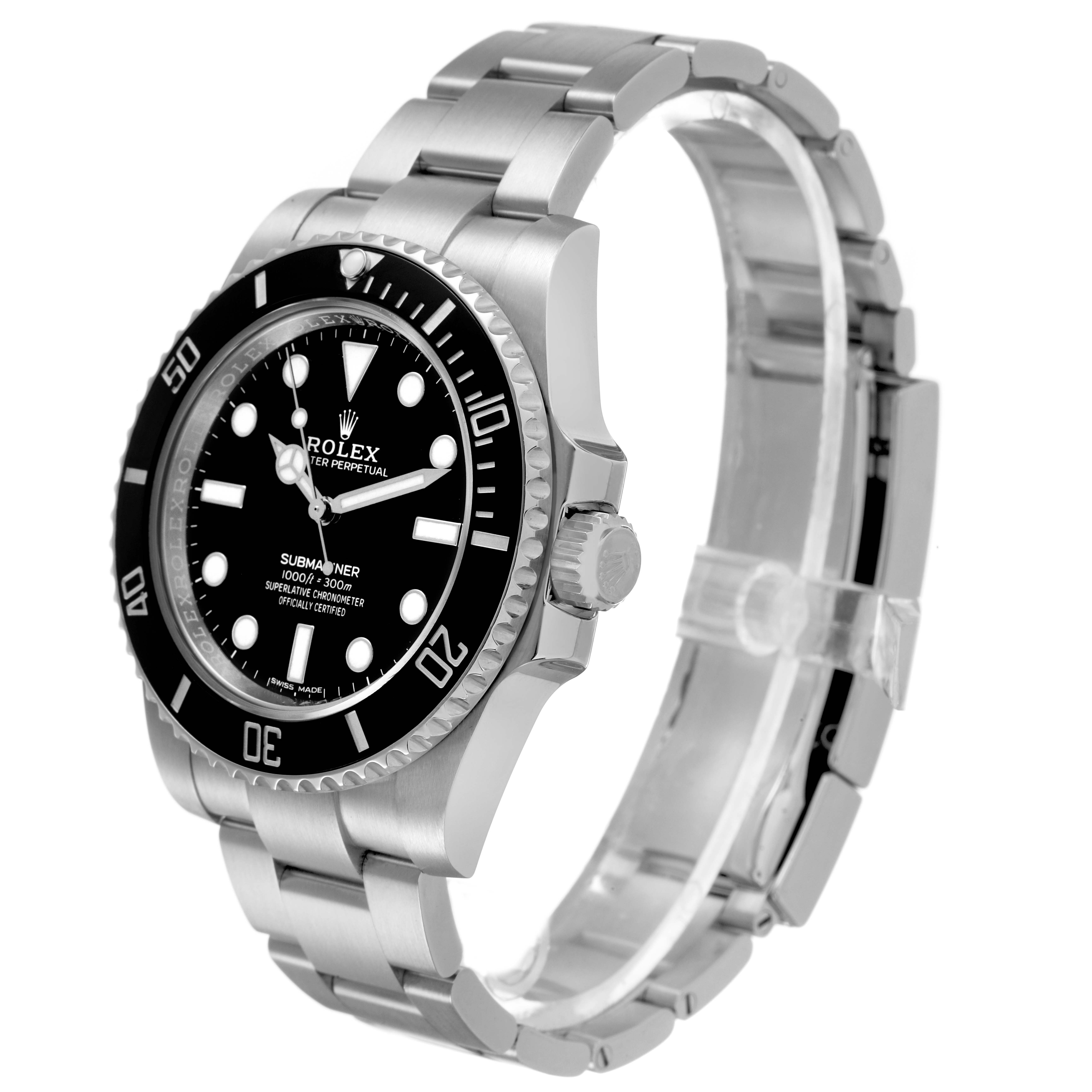 The Rolex Submariner 114060 Men's Stainless Steel Black Dial watch is shown at a three-quarter angle, highlighting the dial, bezel, and bracelet.