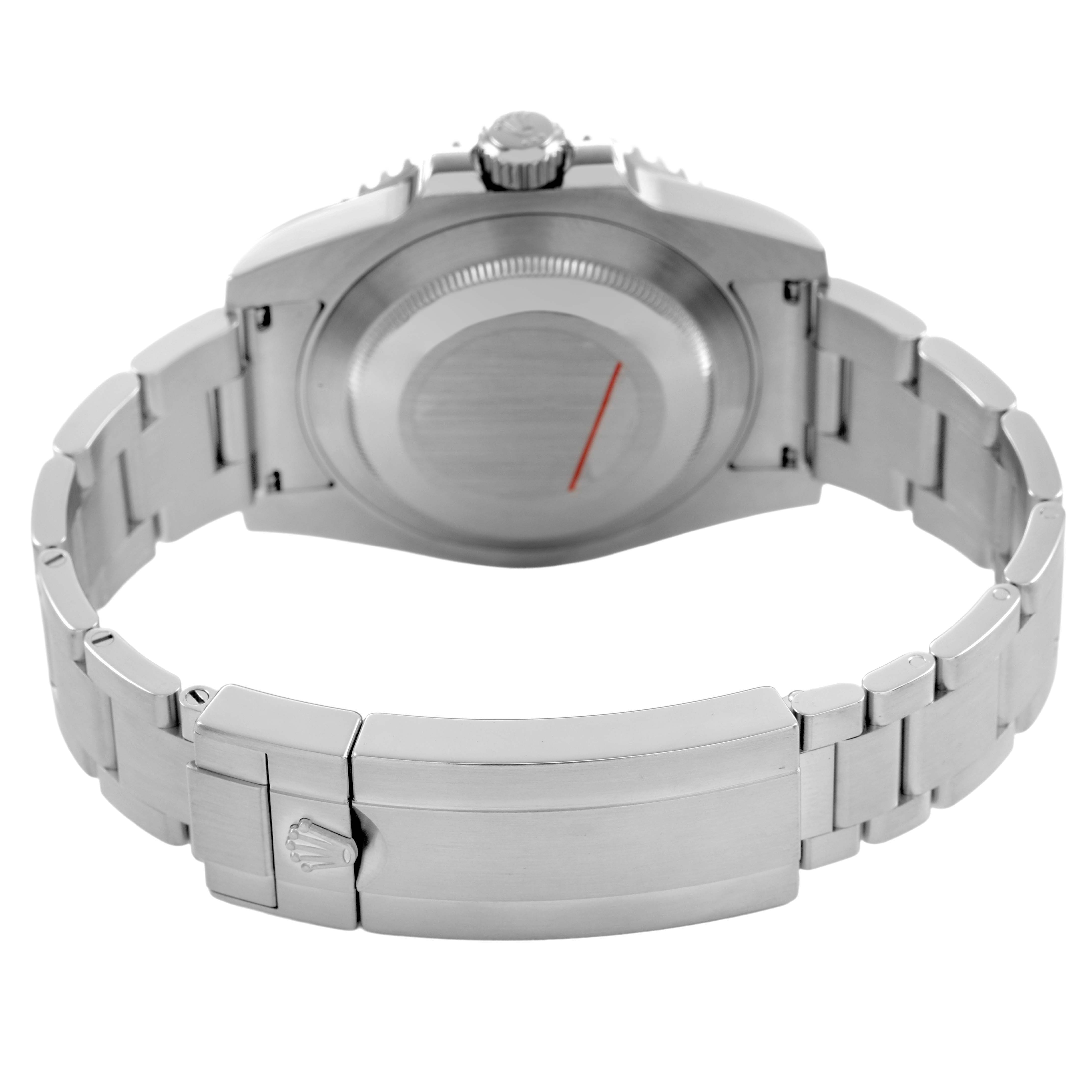 The image shows the back view of a Rolex Submariner 114060 Men's Stainless Steel Black Dial, featuring the case back, bracelet, and clasp with logo.