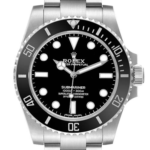 The Rolex Submariner 114060 Men's Stainless Steel Black Dial watch is shown from the front, highlighting the bezel, dial, hands, and crown.