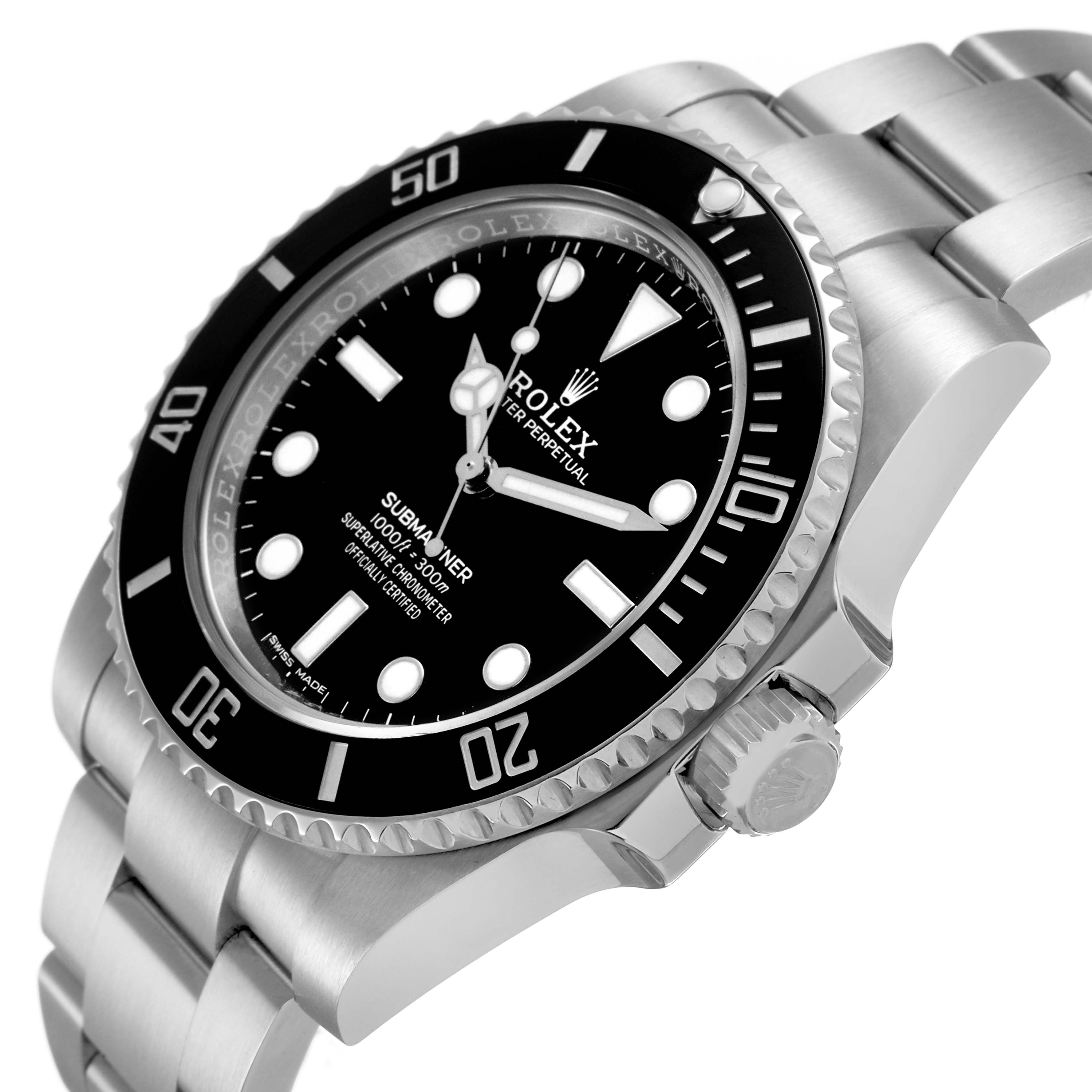 The Rolex Submariner 114060 Men's Stainless Steel Black Dial is shown from a side angle, highlighting the bezel, dial, crown, and bracelet.