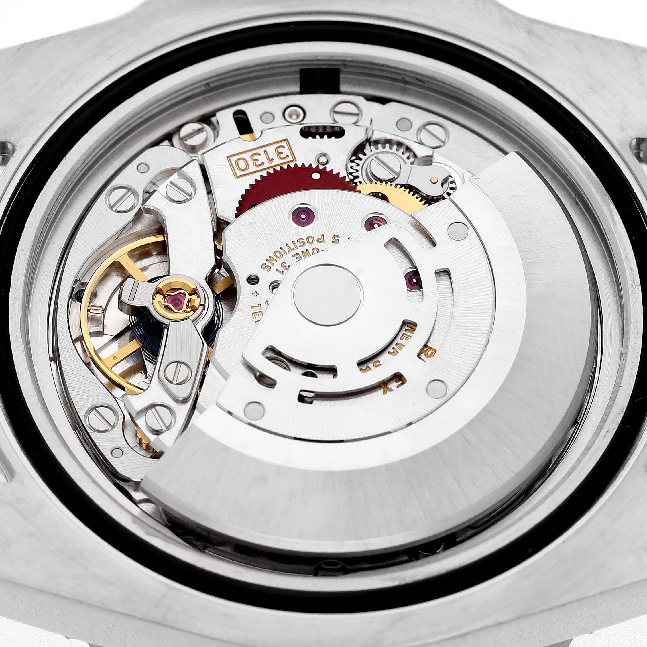 The image shows the movement of a Rolex Submariner 114060 Men's Stainless Steel Black Dial, displaying the rotor, gears, and intricate mechanical parts from the back.