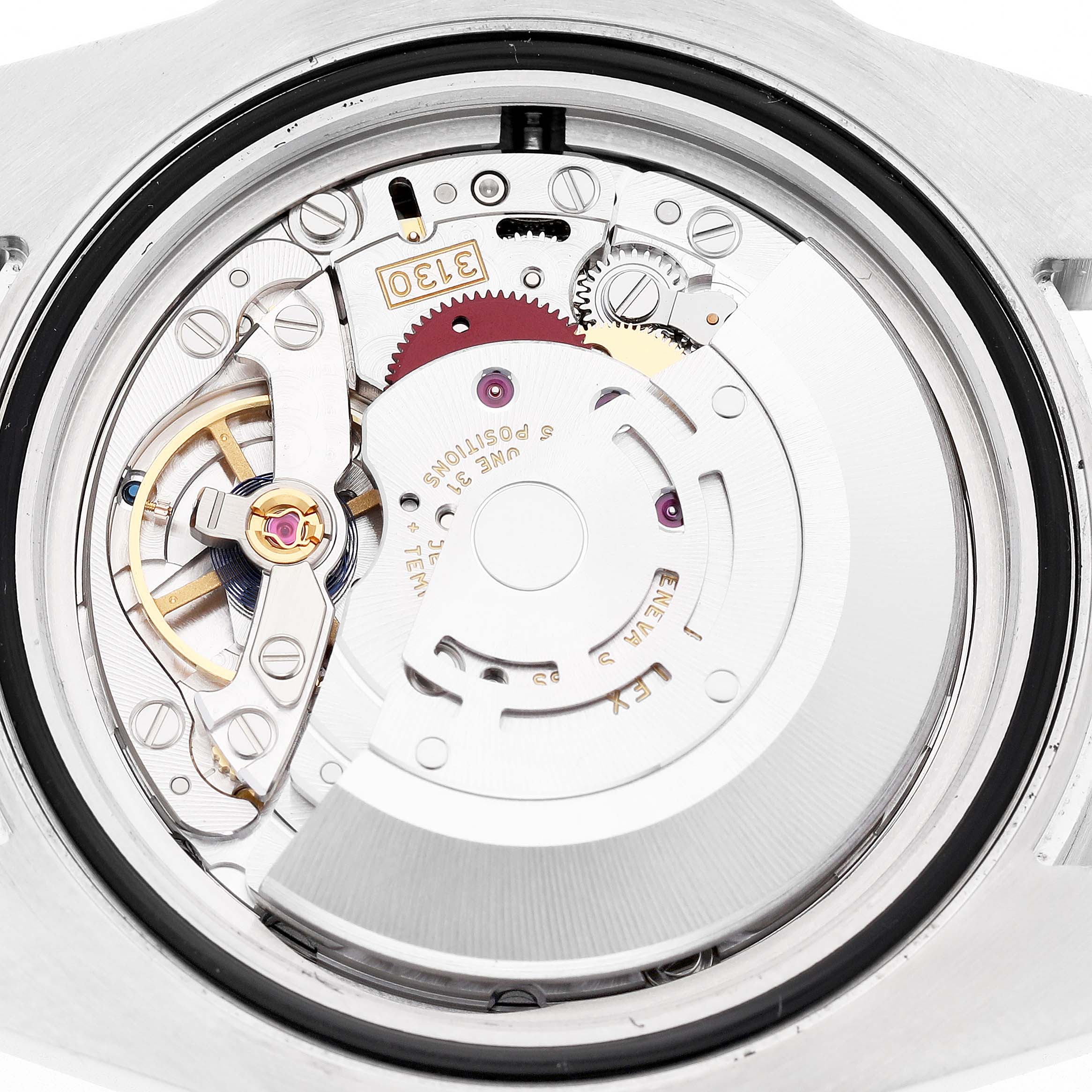 The image shows the movement of a Rolex Submariner 114060 Men's Stainless Steel Black Dial watch viewed from the back.