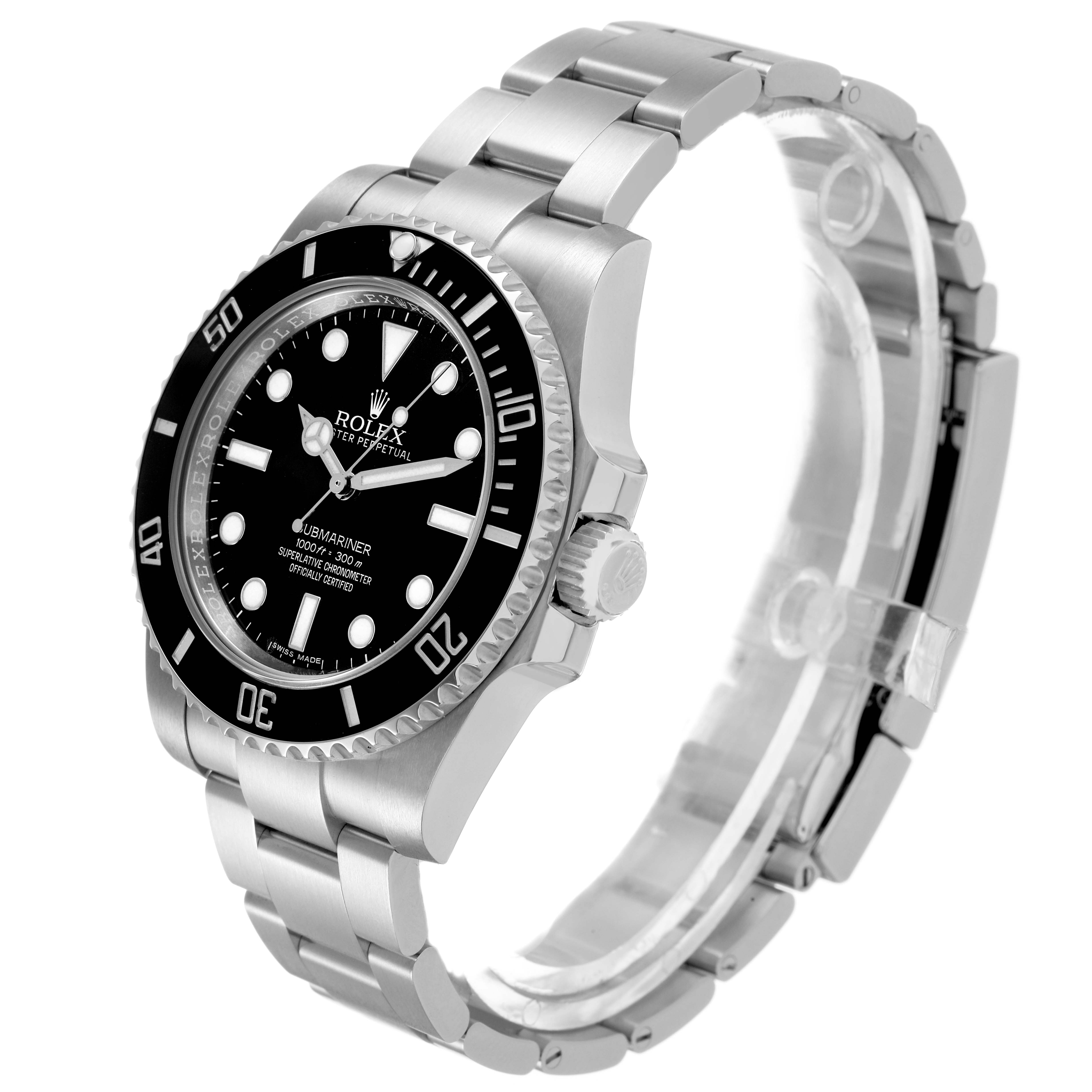 The Rolex Submariner 114060 Men's Stainless Steel Black Dial watch is shown from a three-quarter angle, highlighting the face, bezel, crown, and bracelet.