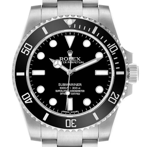 The Rolex Submariner 114060 Men's Stainless Steel Black Dial watch is shown from a front angle, displaying the bezel, dial, and bracelet links.