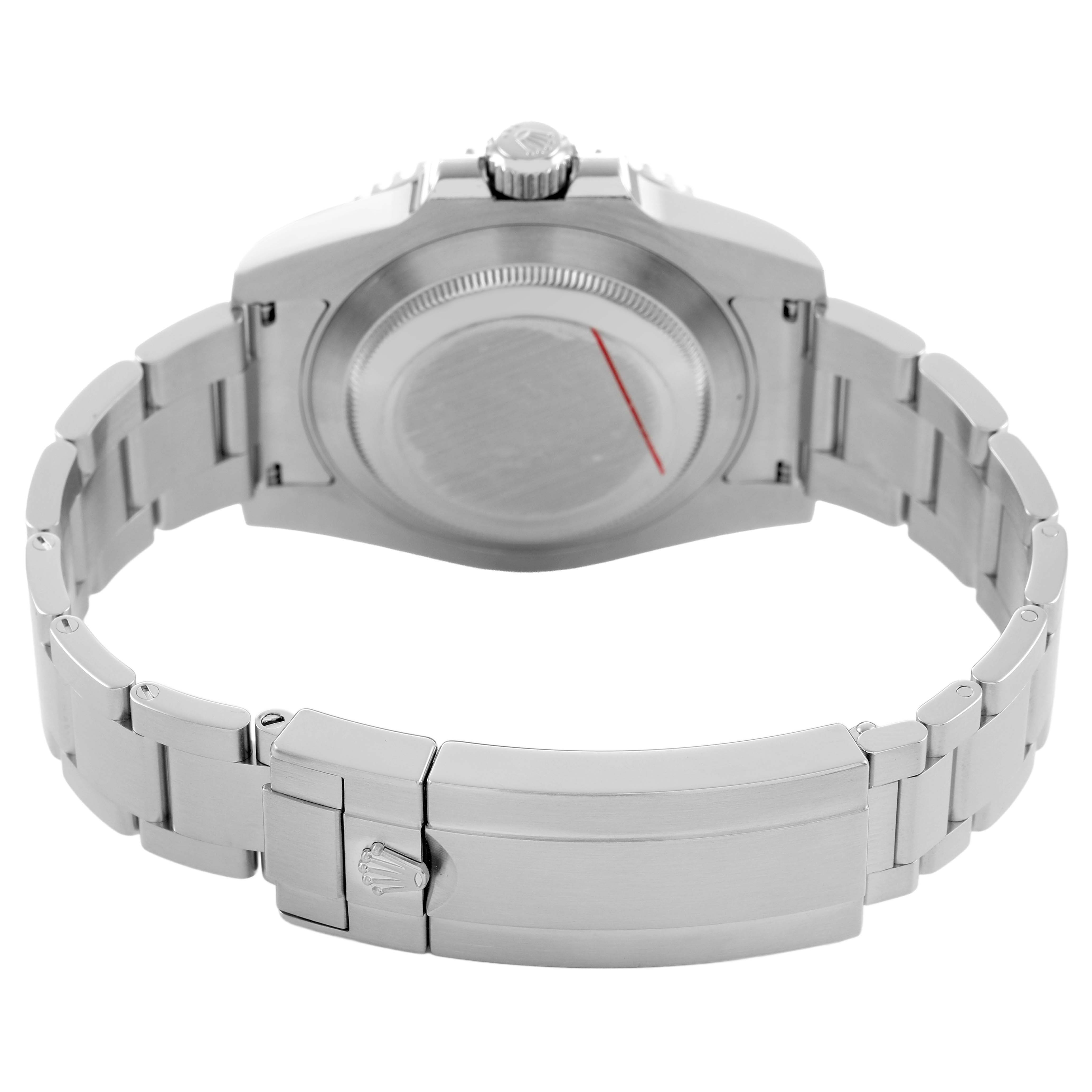 The image shows the back side and clasp of a Rolex Submariner 114060 Men's Stainless Steel Black Dial, highlighting its bracelet and case back.