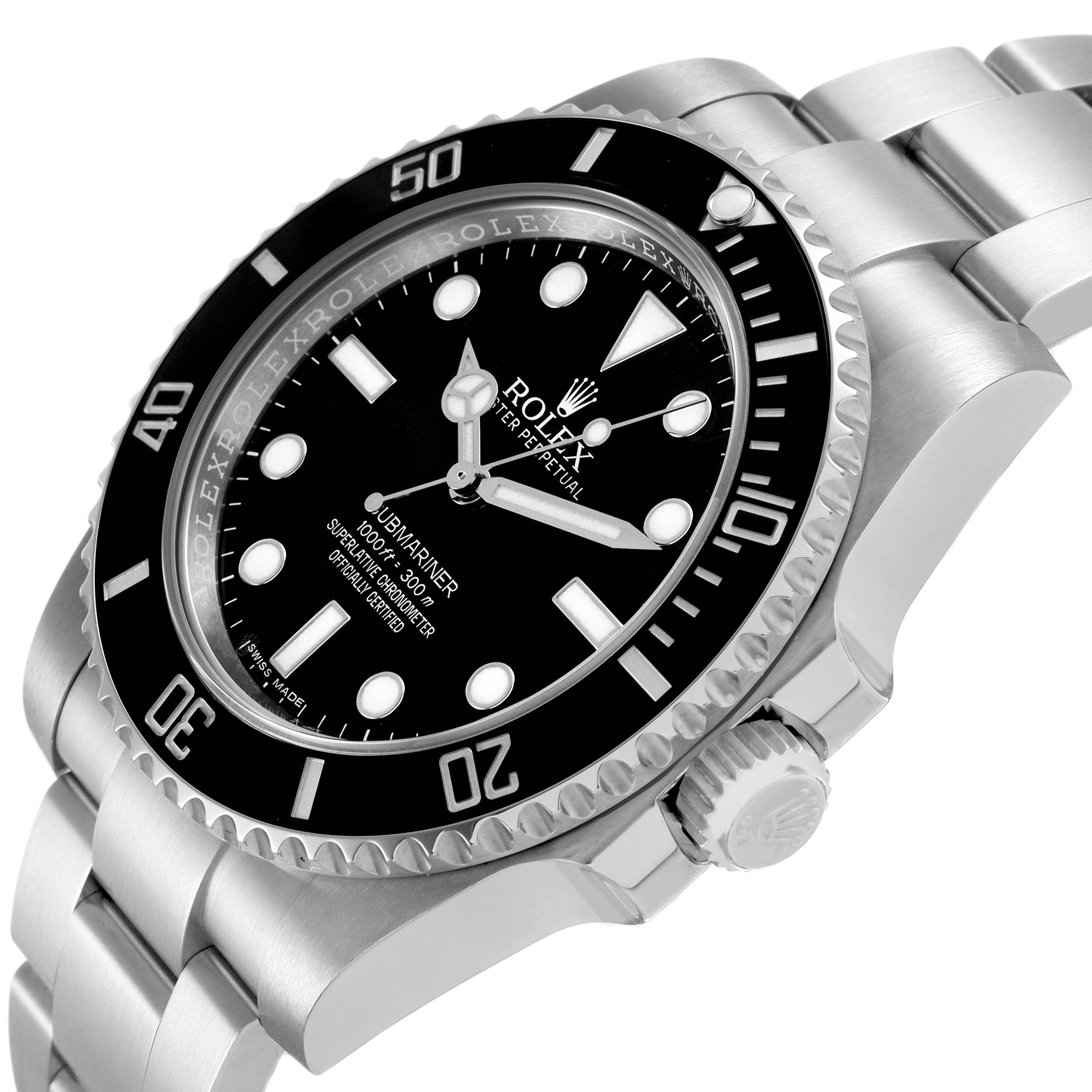 The Rolex Submariner 114060 Men's Stainless Steel Black Dial watch is shown at a side angle, highlighting the face, bezel, crown, and part of the bracelet.