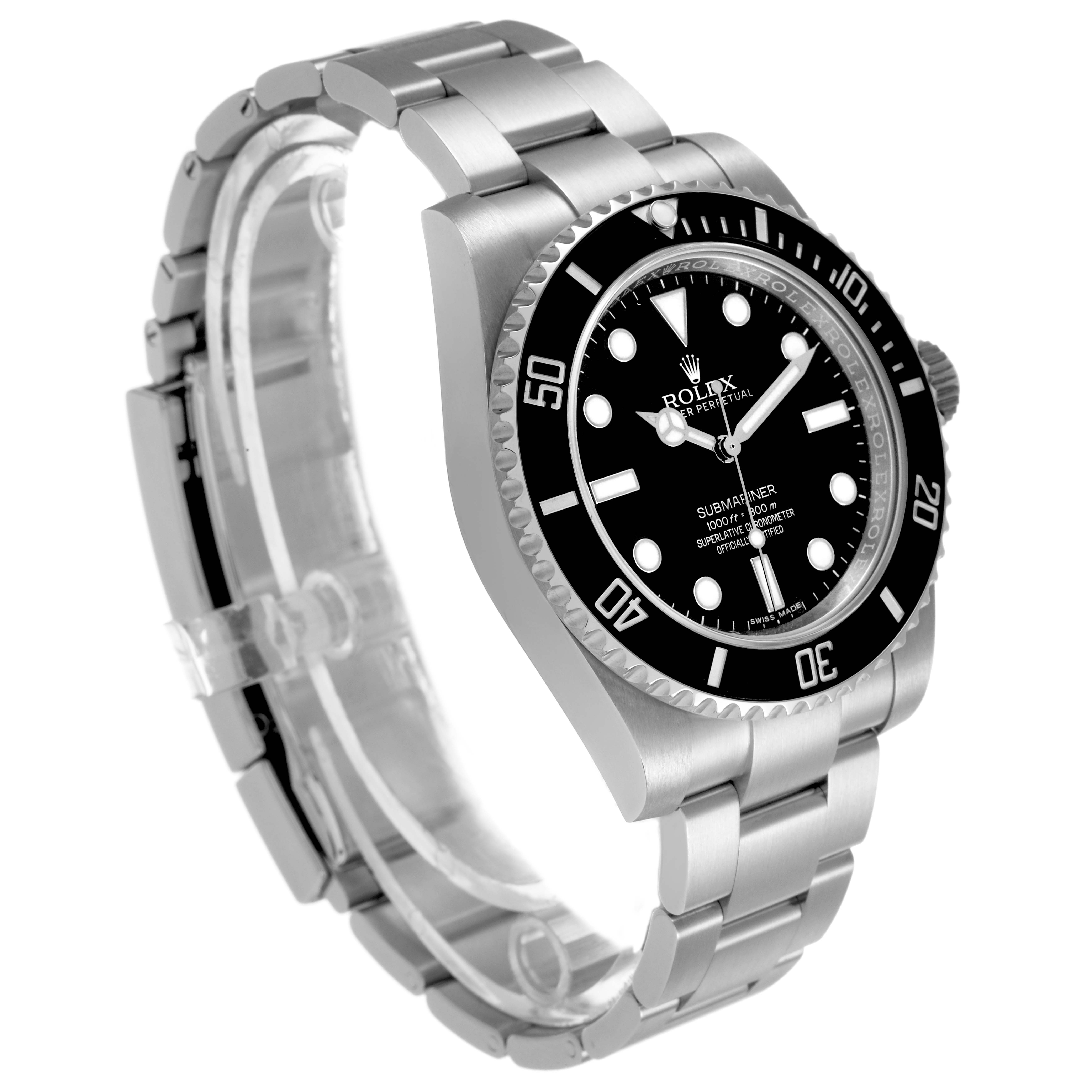 The image shows a Rolex Submariner 114060 Men's Stainless Steel Black Dial model angled to display the watch face, bezel, crown, and bracelet.