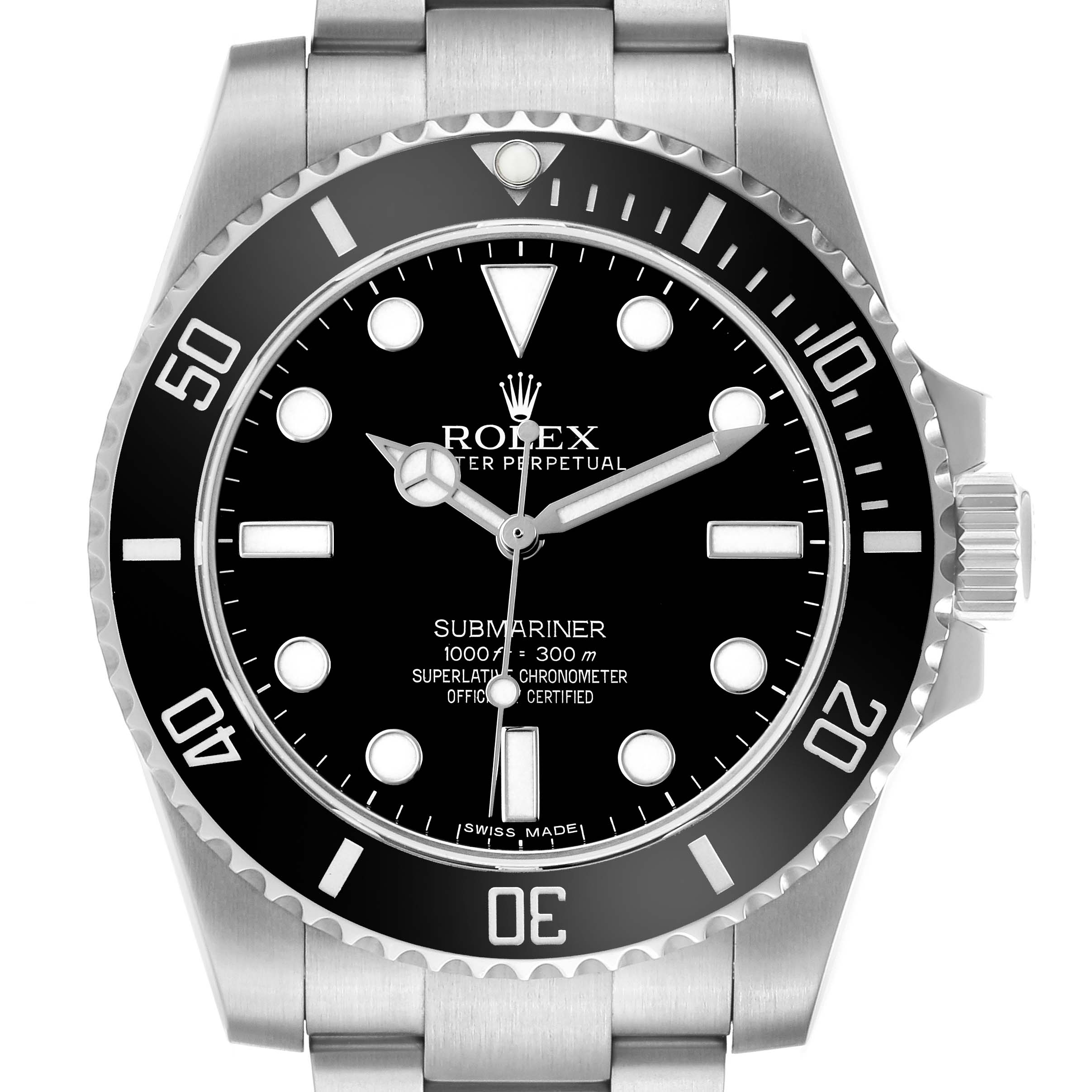 The Rolex Submariner 114060 Men's Stainless Steel Black Dial is shown from the front, highlighting its black dial, bezel, and crown.