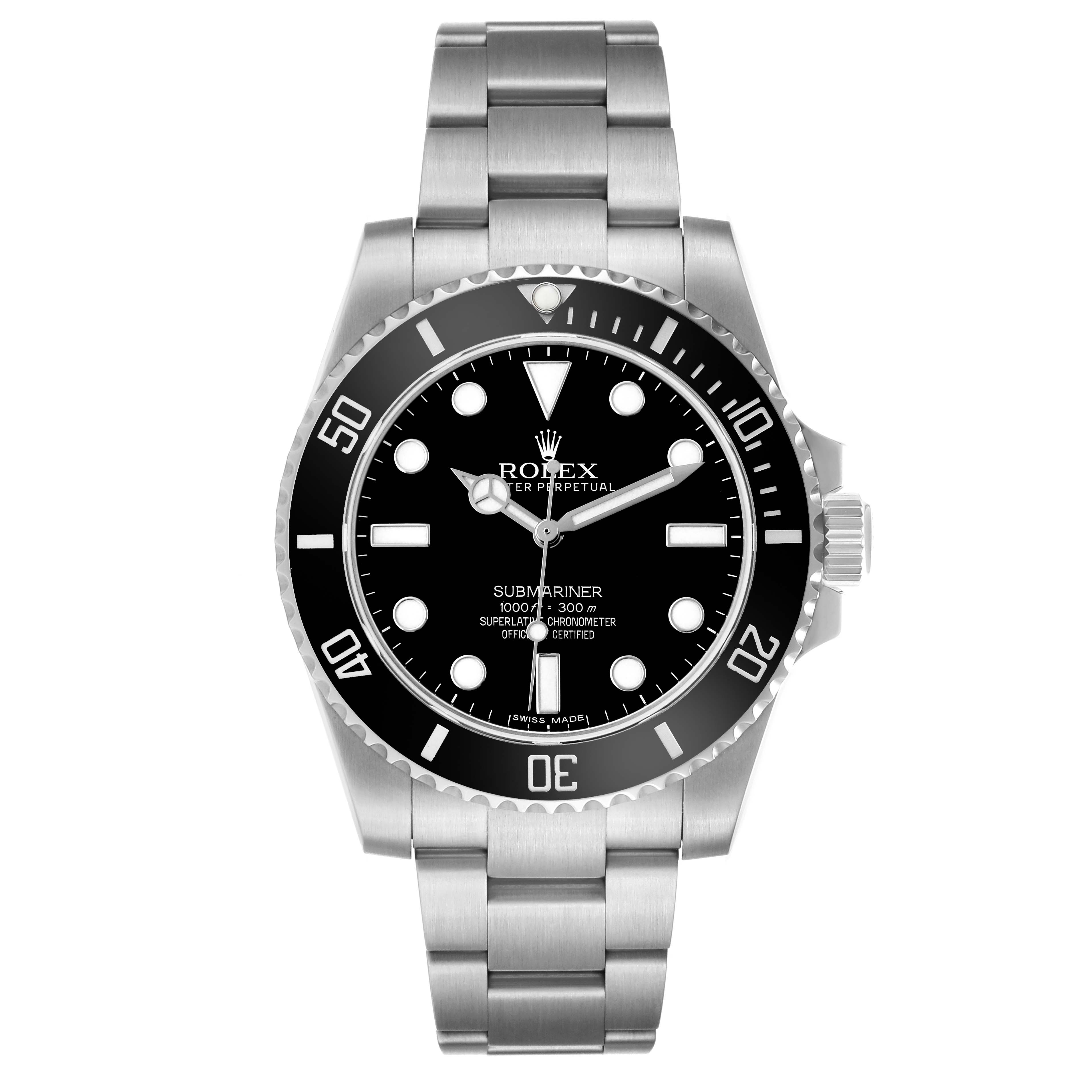 The Rolex Submariner 114060 Men's Stainless Steel Black Dial watch is shown from a frontal angle, displaying its bezel, dial, and bracelet.