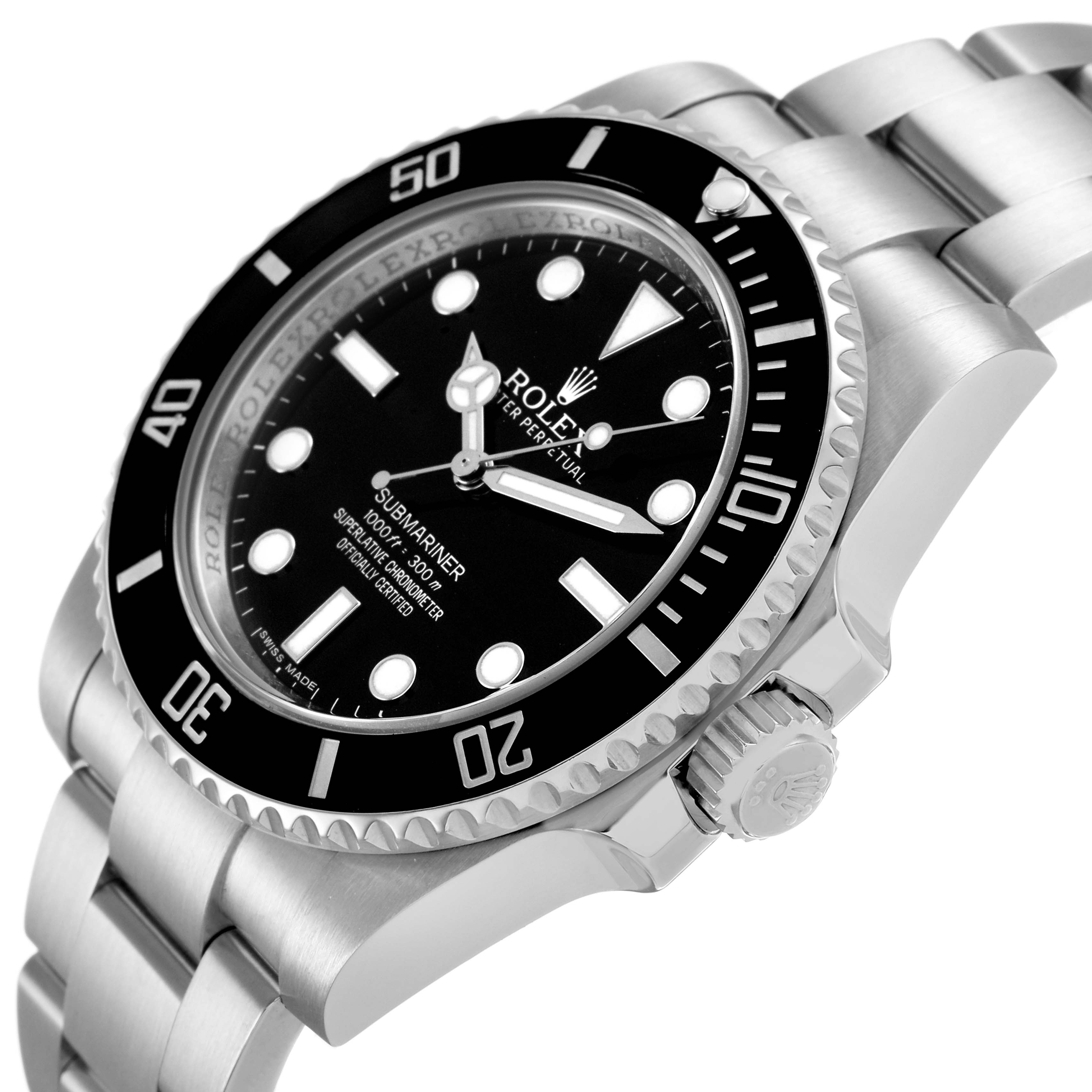 The Rolex Submariner 114060 Men's Stainless Steel Black Dial watch is shown at a tilted angle, highlighting the face, bezel, and bracelet.