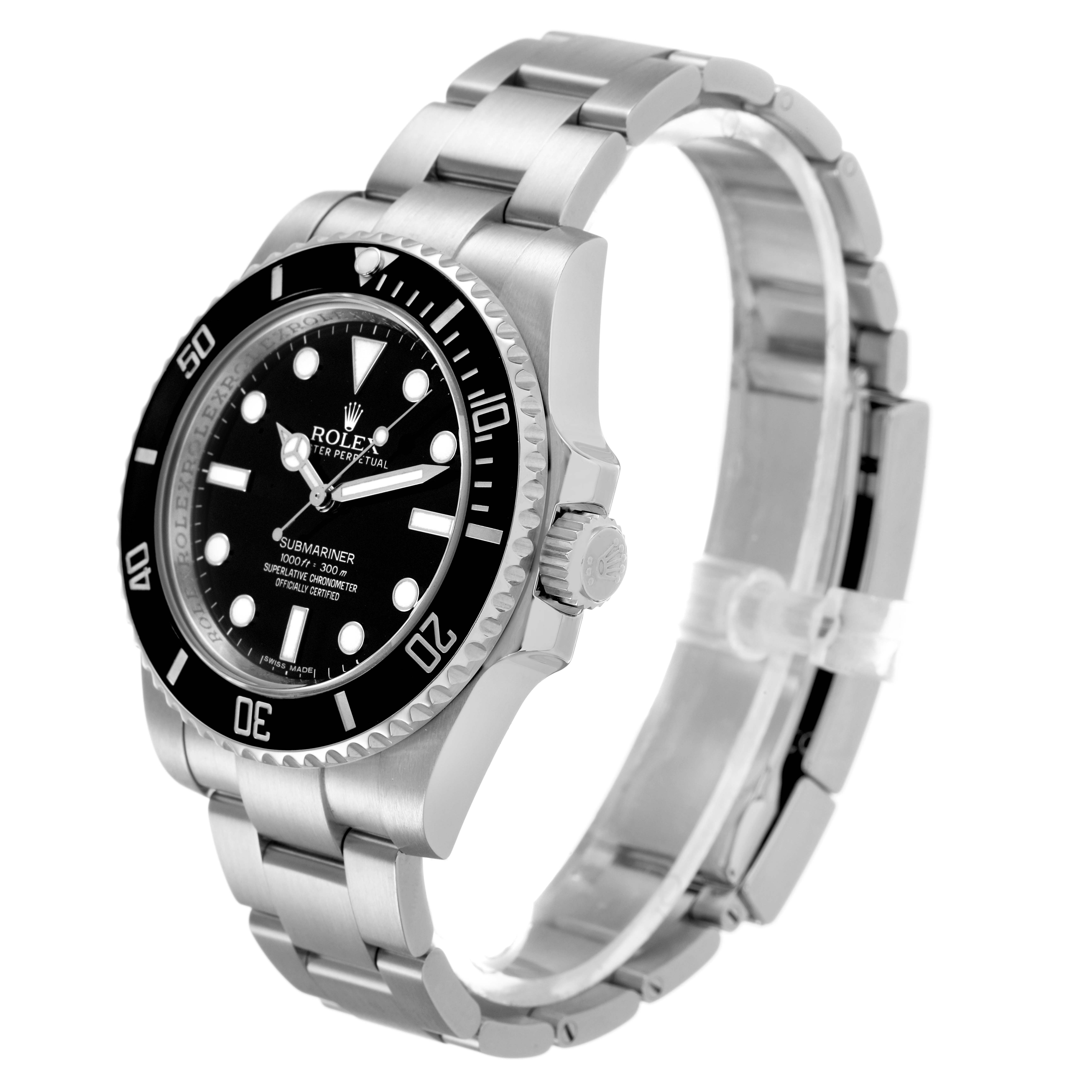 The Rolex Submariner 114060 Men's Stainless Steel Black Dial watch is shown at a three-quarter angle, highlighting the face, bezel, case, and bracelet.
