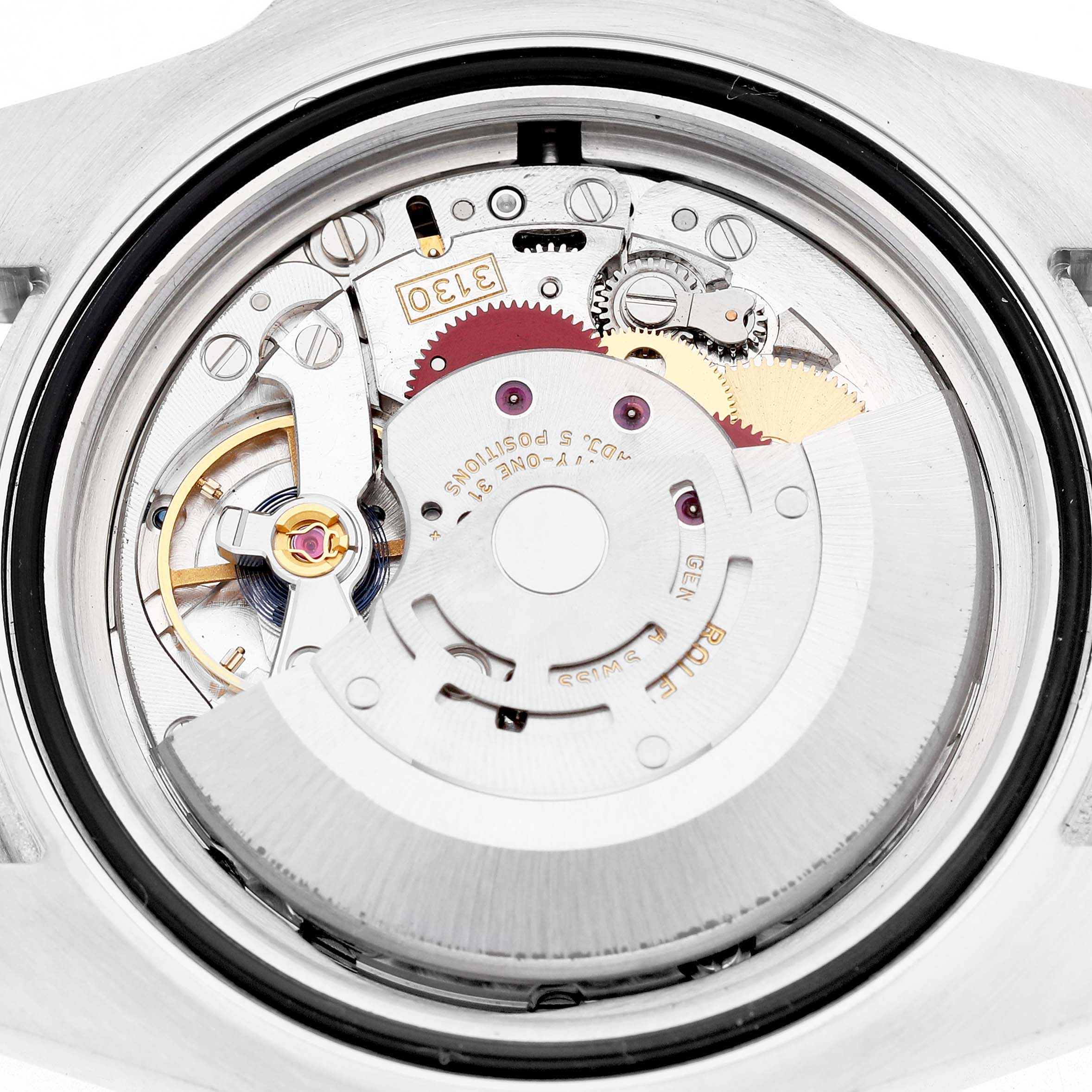 The image shows the Rolex Submariner 114060 Men's Stainless Steel Black Dial's movement from a back view, highlighting gears and inner components.