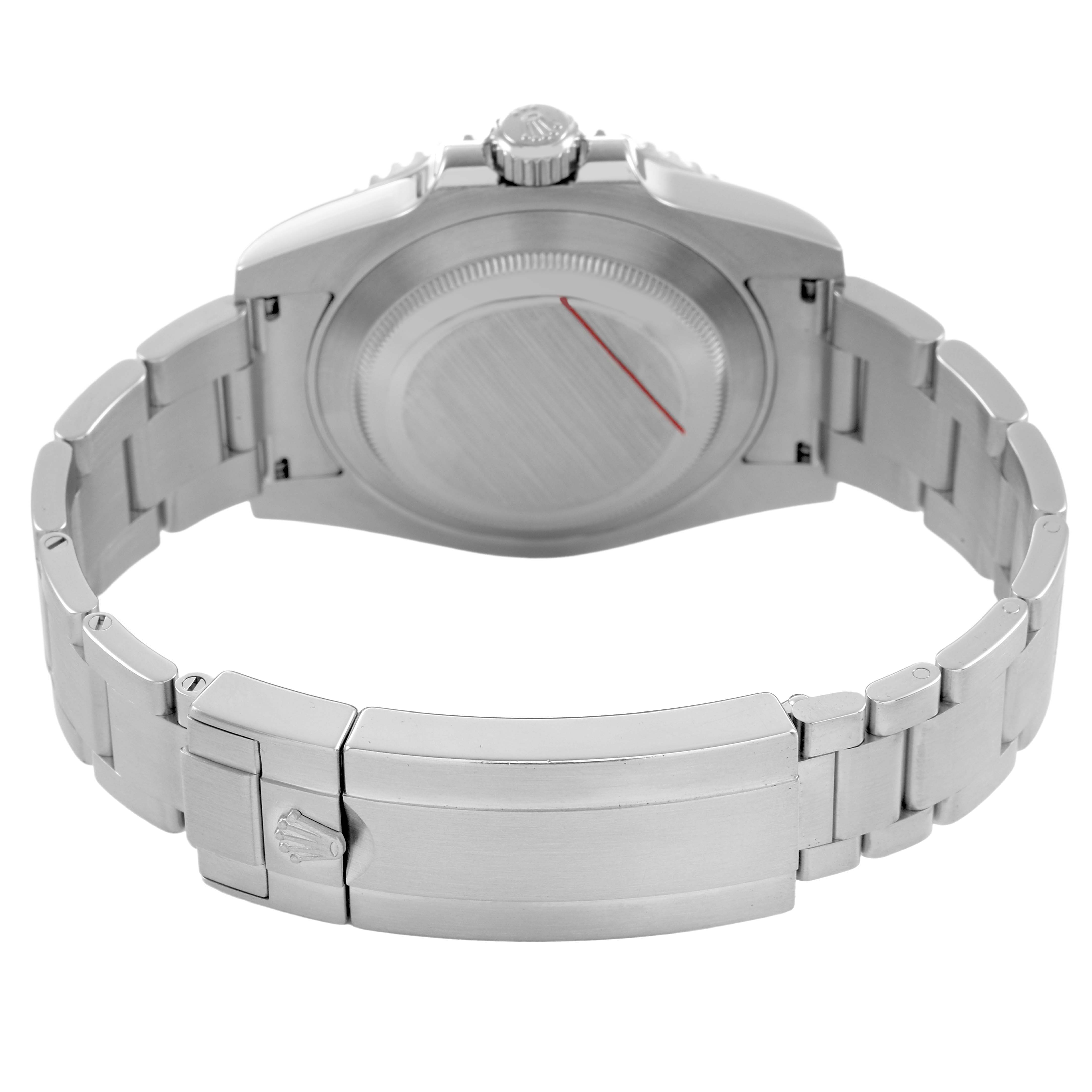The image shows the back of a Rolex Submariner 114060 Men's Stainless Steel Black Dial watch, highlighting the case back, bracelet, and clasp.