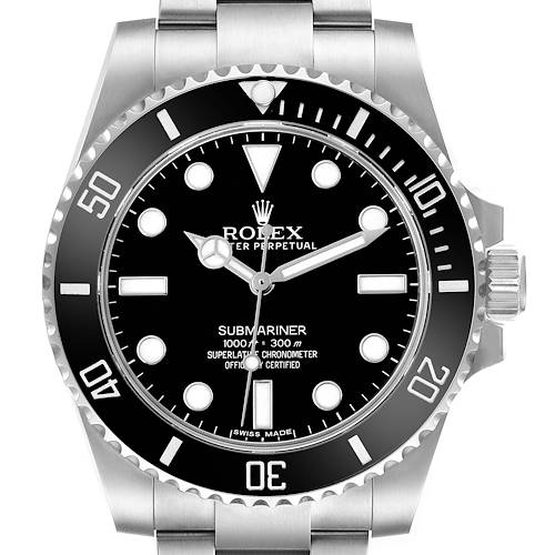 The Rolex Submariner 114060 Men's Stainless Steel Black Dial watch is shown from the front, displaying its dial, bezel, hands, and part of the bracelet.