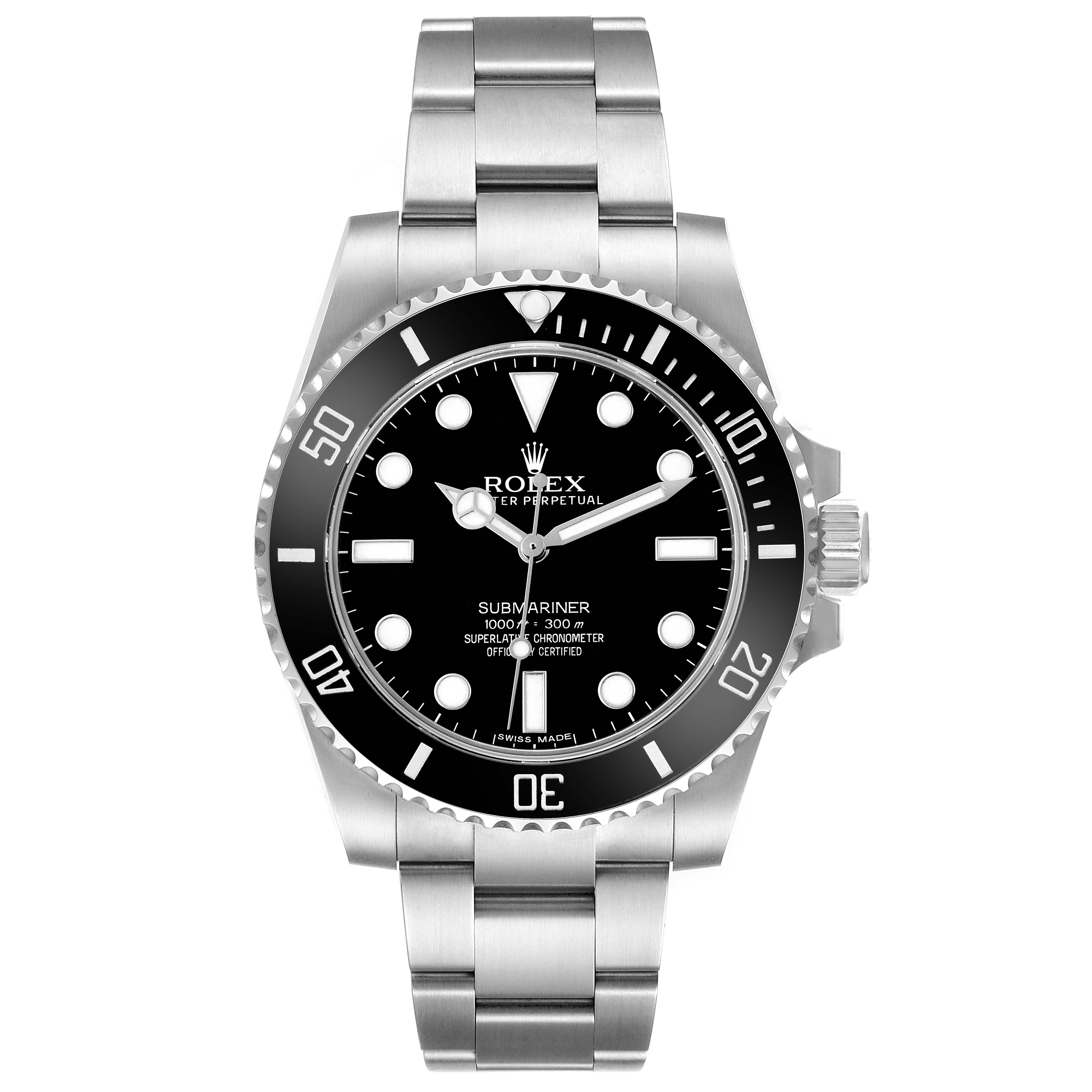 The Rolex Submariner 114060 Men's Stainless Steel Black Dial watch is shown from a top-down angle, featuring its face, bezel, and bracelet.