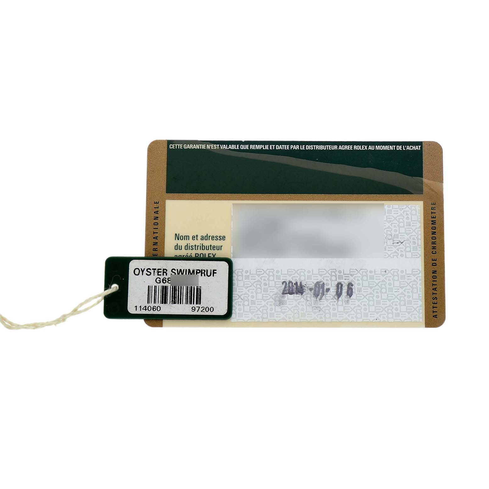 The image shows a warranty card and hangtag for a Rolex Submariner 114060 Men's Stainless Steel Black Dial, angled from the front.