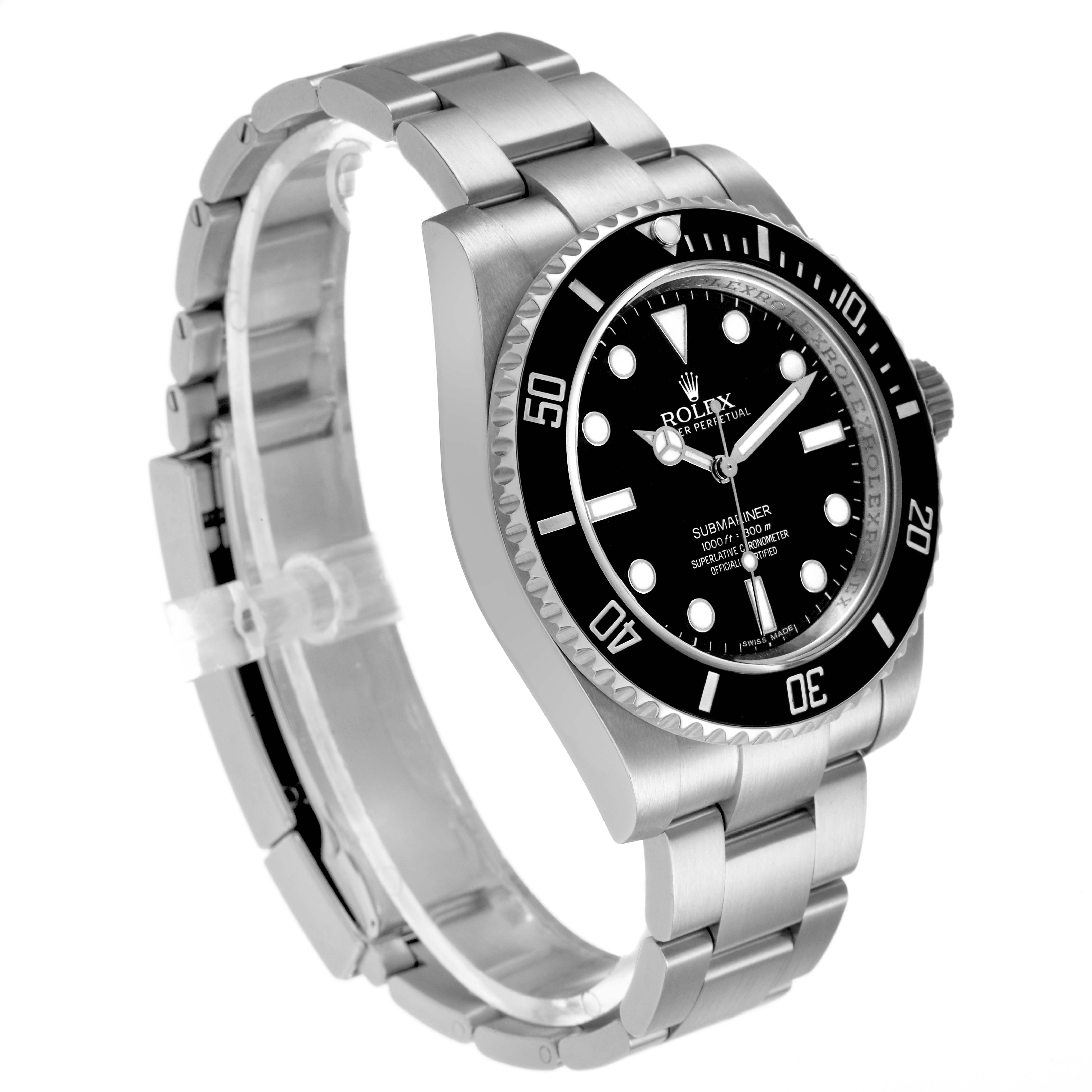 The Rolex Submariner 114060 Men's Stainless Steel Black Dial watch is shown at a three-quarter angle, highlighting its bezel, dial, and bracelet.