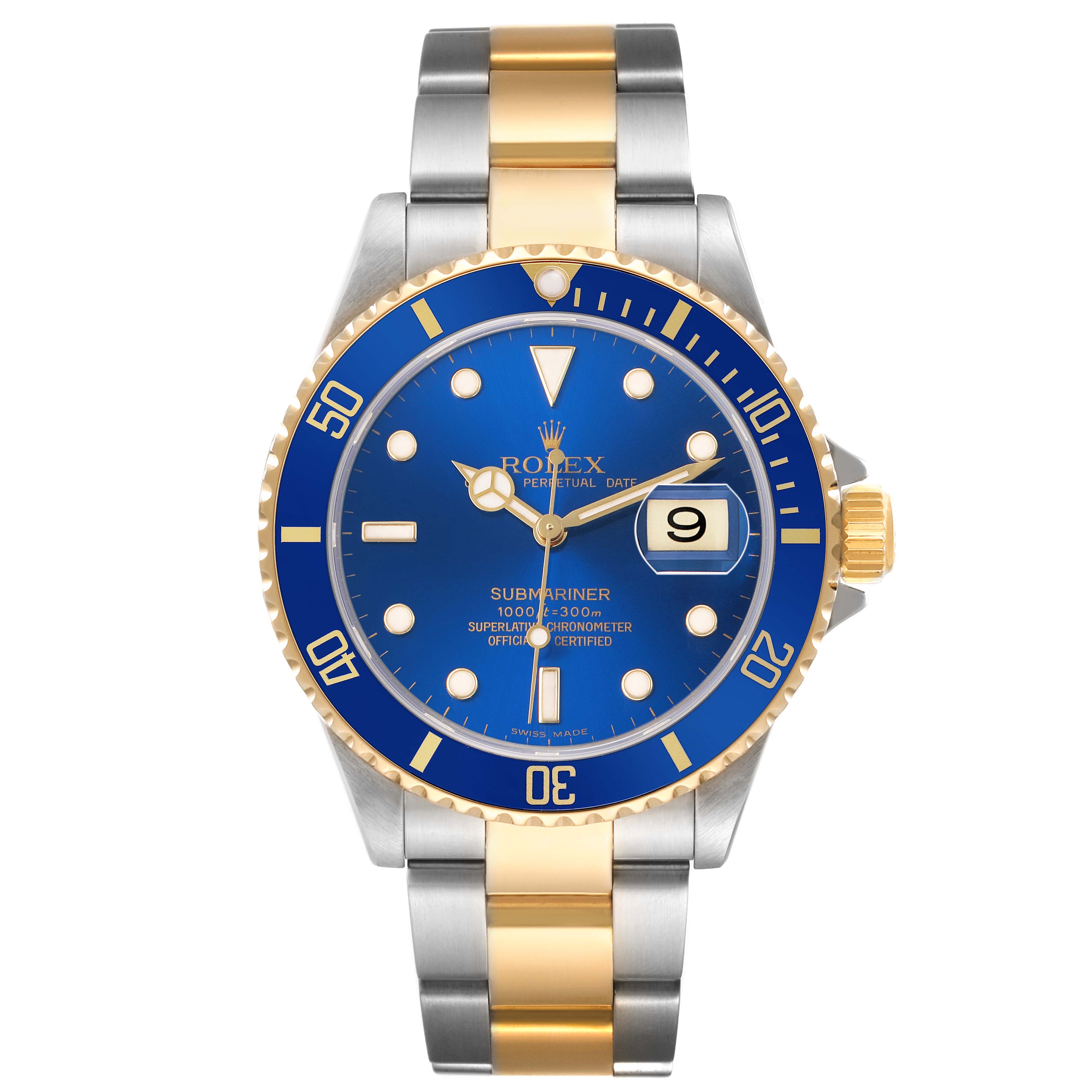 The Rolex Submariner 16613 Men's Steel and Gold (two tone) Blue Dial watch is shown from the front, displaying the blue dial, gold and silver bezel, and two-tone bracelet.