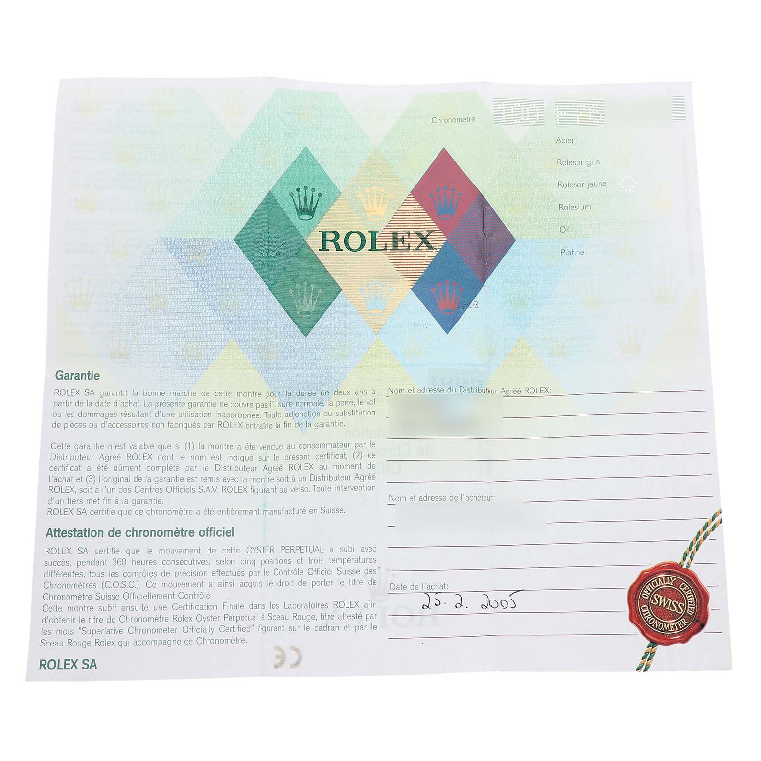 This shows a warranty card for a Rolex Submariner 16613 Men's Steel and Gold (two tone) Blue Dial, highlighting brand details and purchase information.