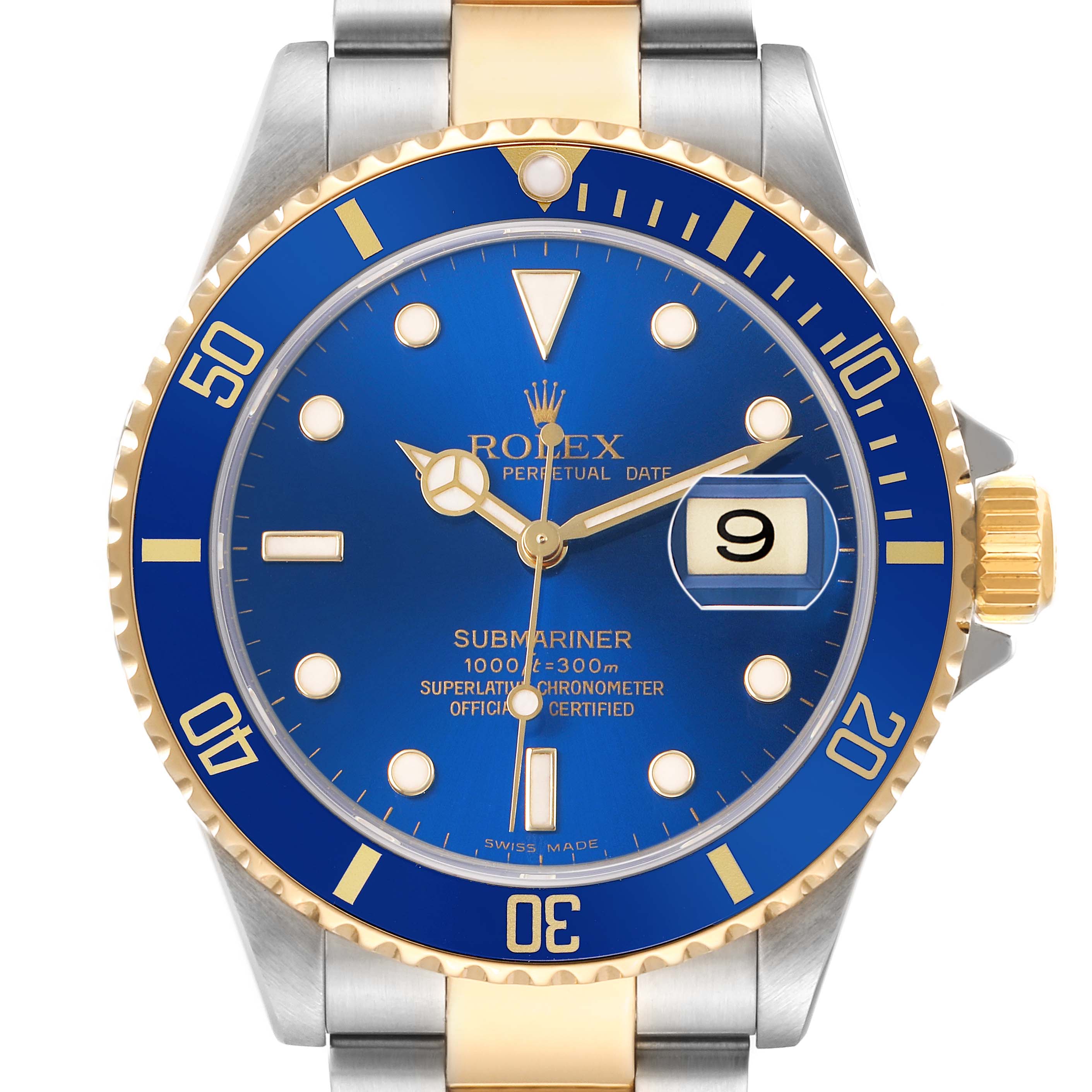 The image shows a front view of the Rolex Submariner 16613 Men's Steel and Gold (two tone) Blue Dial, highlighting the blue dial, gold bezel, and bracelet details.