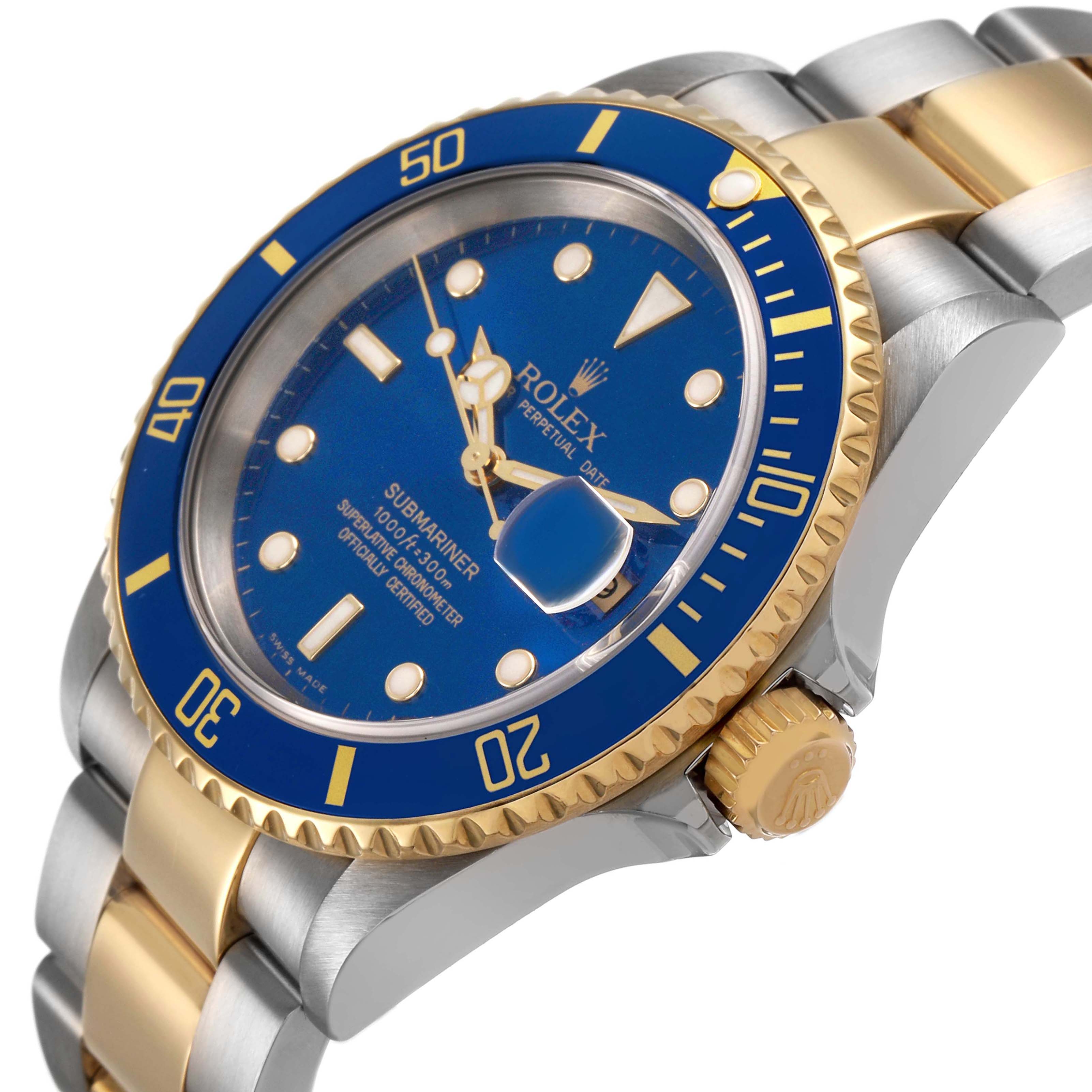 The Rolex Submariner 16613 Men's Steel and Gold (two tone) Blue Dial watch is shown at a slightly angled side view, highlighting its blue dial, bezel, and two-tone bracelet.
