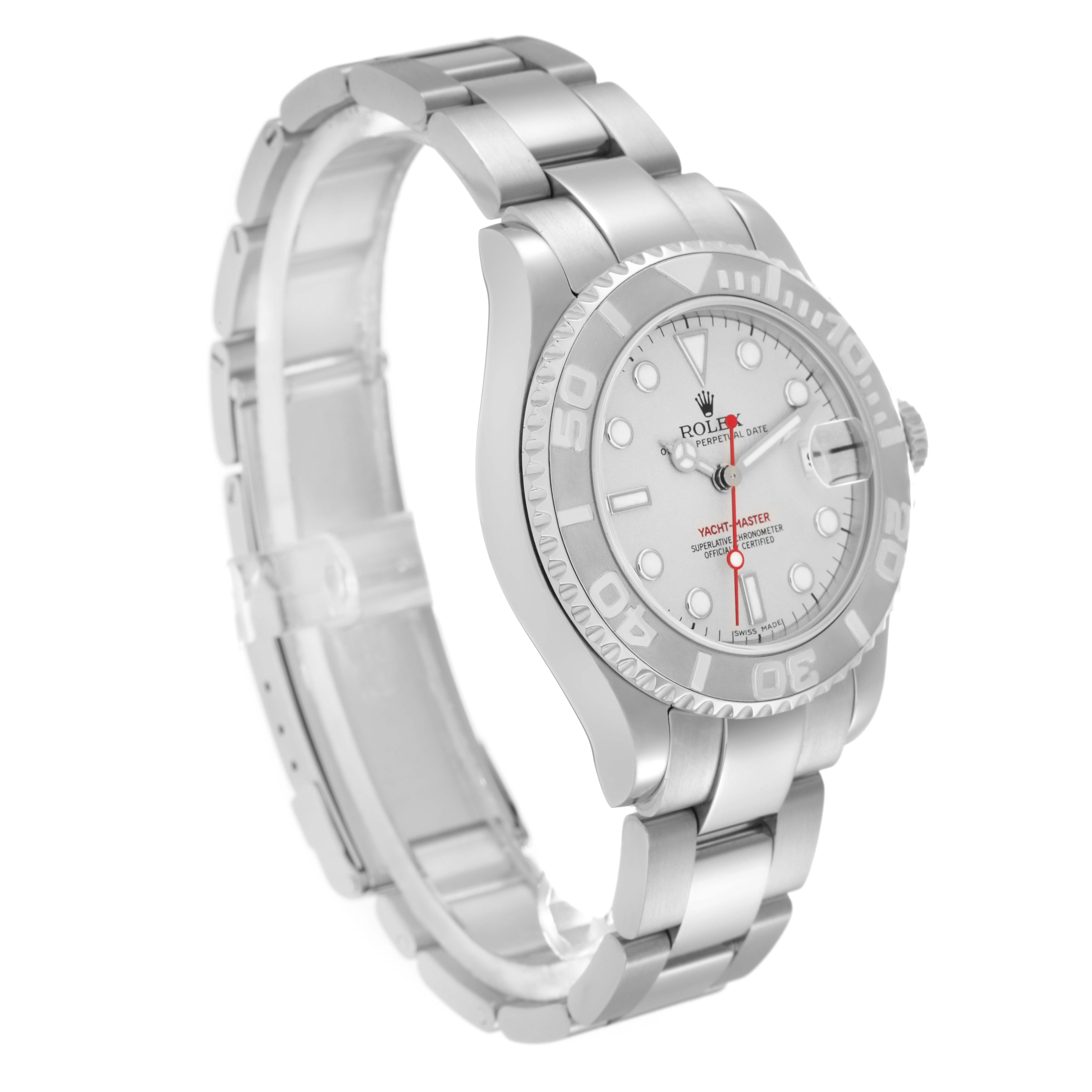 The Rolex Yacht-Master 168622 Men
s Stainless Steel Silver Dial 168622 Men
s Stainless Steel Silver Dial watch is shown at a three-quarter angle, highlighting the bezel, dial, and bracelet.