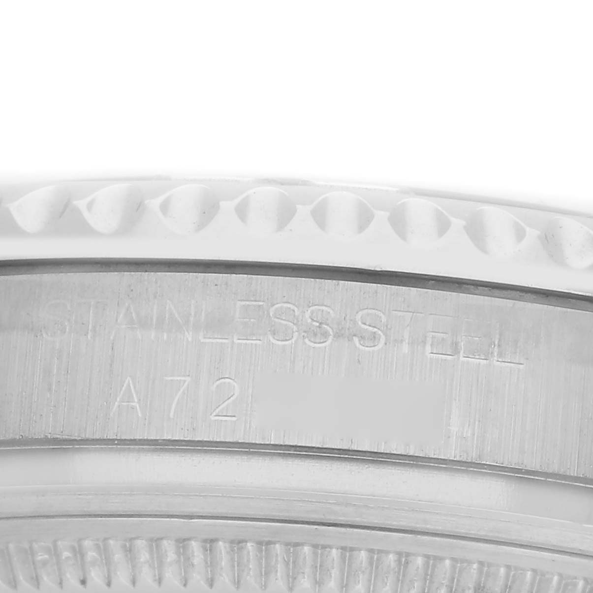 The image shows a close-up of the side of a Rolex Yacht-Master 168622 Men
s Stainless Steel Silver Dial 168622 Men
s Stainless Steel Silver Dial watch, with the engraving "STAINLESS STEEL" visible.