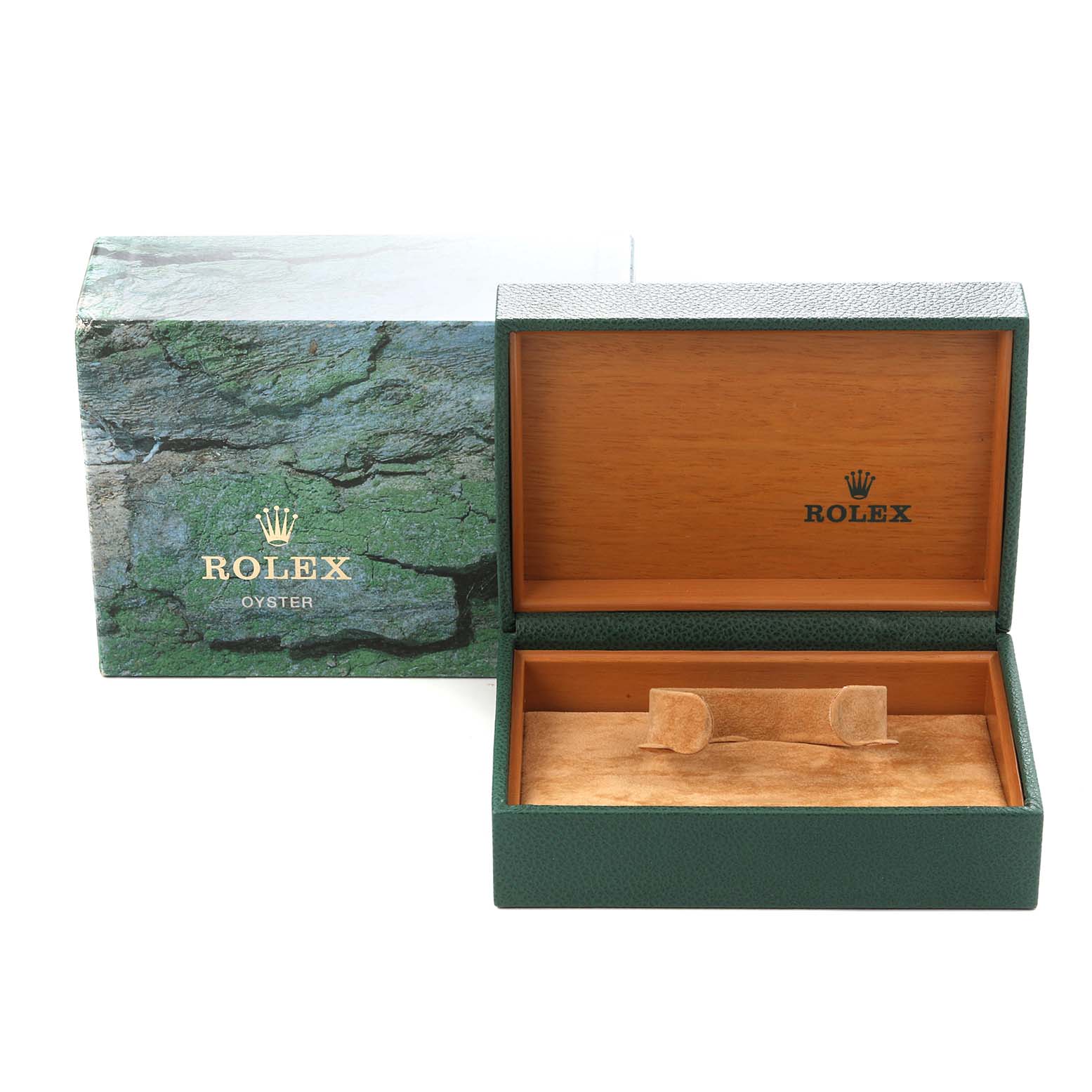 The image shows an open Rolex Yacht-Master 168622 Men
s Stainless Steel Silver Dial 168622 Men
s Stainless Steel Silver Dial box with its outer packaging, displaying the interior without the watch.